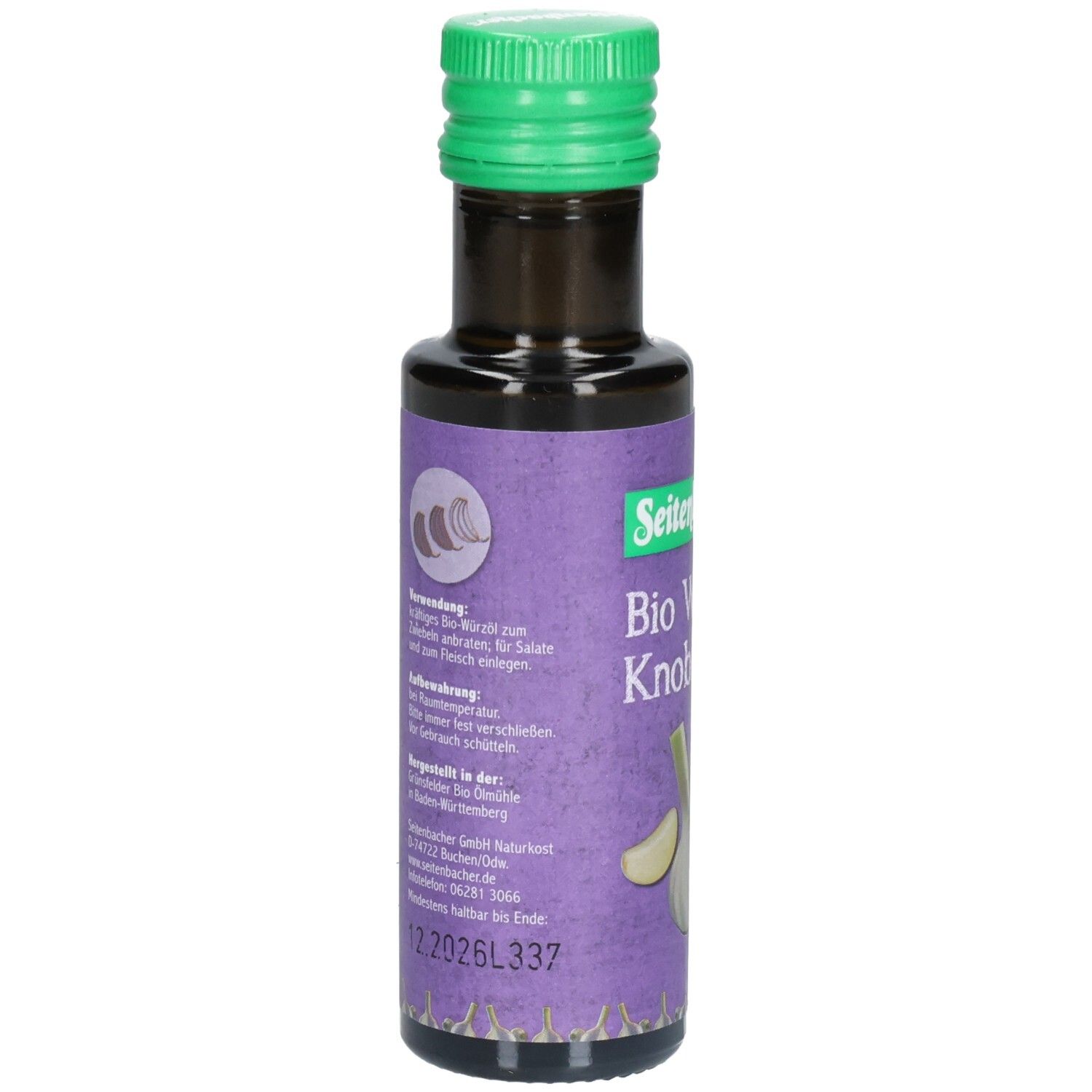 Braune Glasflasche mit grünem Deckel. Aufkleber mit Produktinformationen und Text. Rückseite der Flasche.