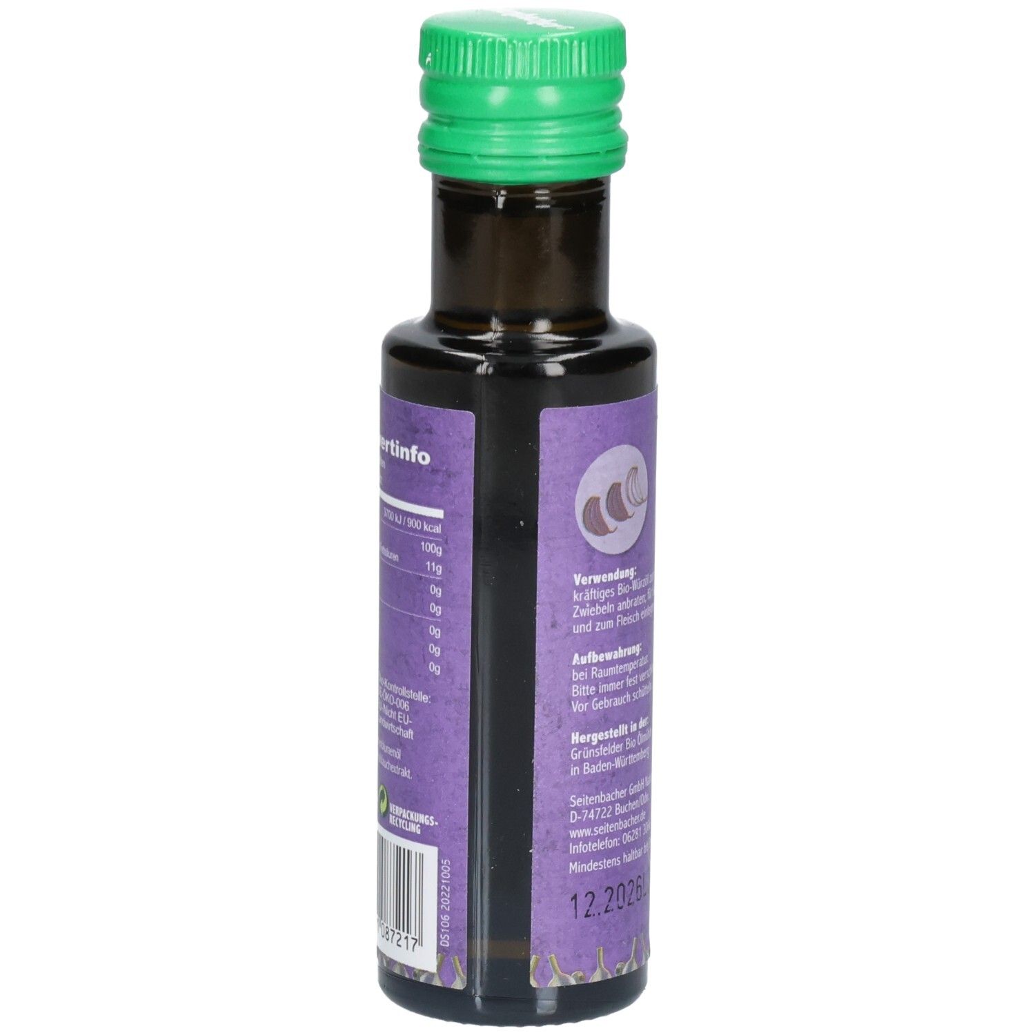 Braune Glasflasche mit grünem Deckel. Aufkleber mit Produktinformationen und Text. Rückseite der Flasche.