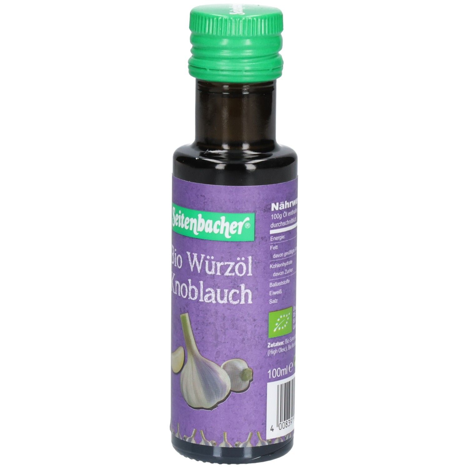 Braune Glasflasche mit grünem Deckel. Aufkleber mit Produktbezeichnung: Bio Würzöl Knoblauch. Abbildung von Knoblauch.
