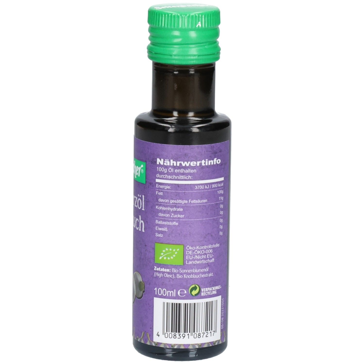 Braune Glasflasche mit grünem Deckel. Aufkleber mit Nährwertinformationen und Text. Rückseite der Flasche.