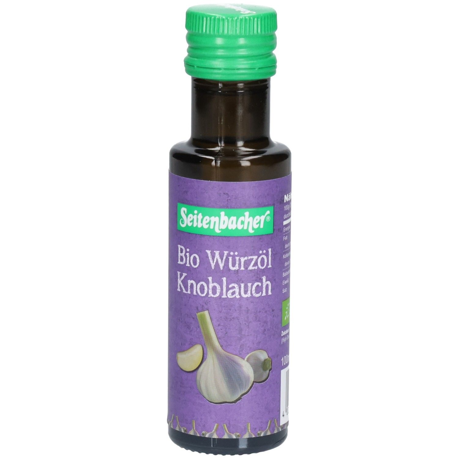 Braune Glasflasche mit grünem Deckel. Aufkleber mit Produktbezeichnung: Bio Würzöl Knoblauch. Abbildung von Knoblauch.
