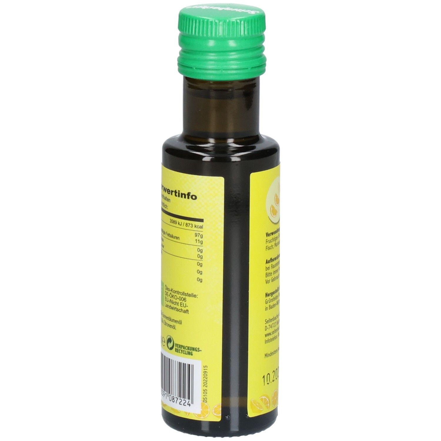 Dos de la bouteille. Étiquette avec informations nutritionnelles et symbole de recyclage.