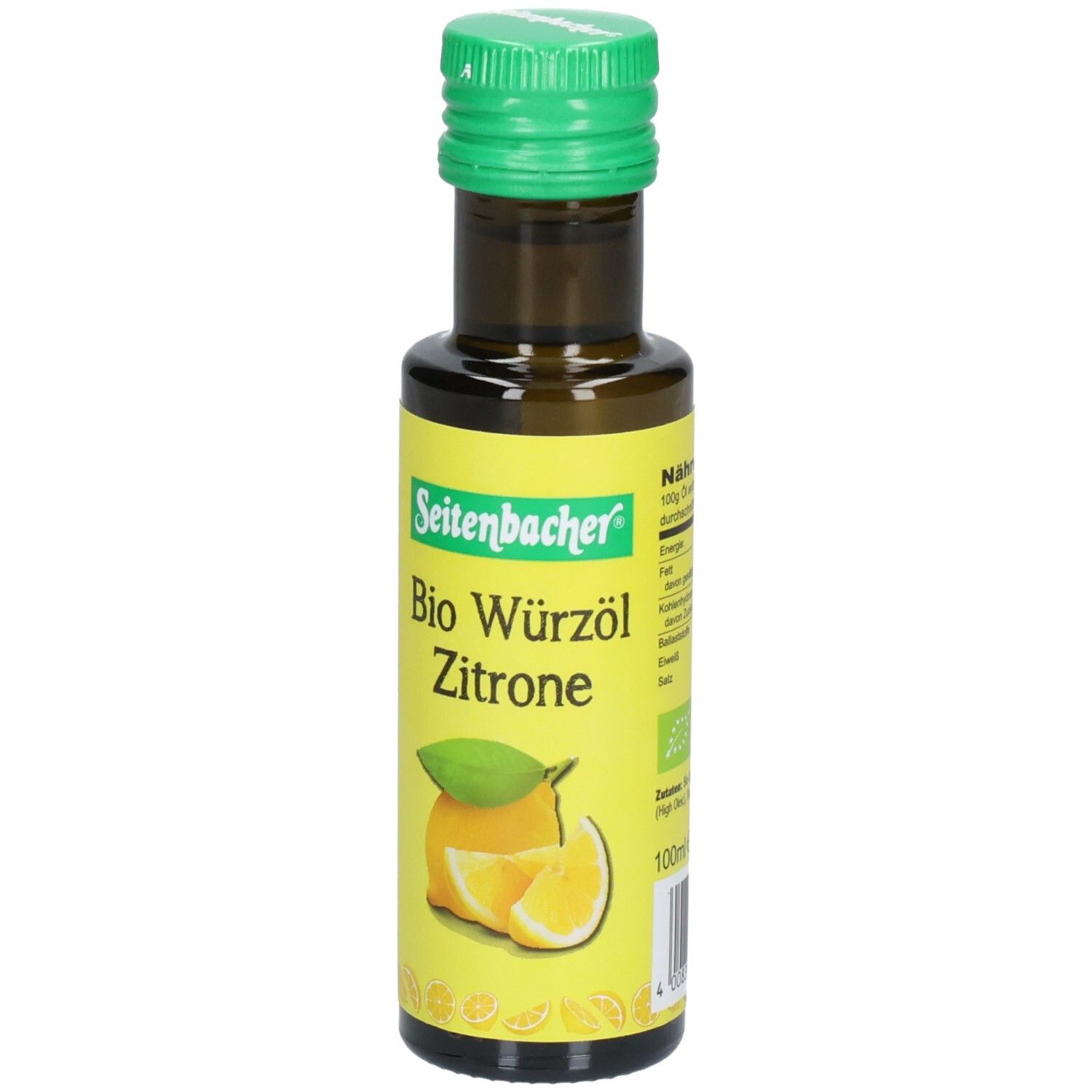 Bouteille en verre brun avec bouchon vert. Étiquette avec nom du produit, illustration de citron et logo.