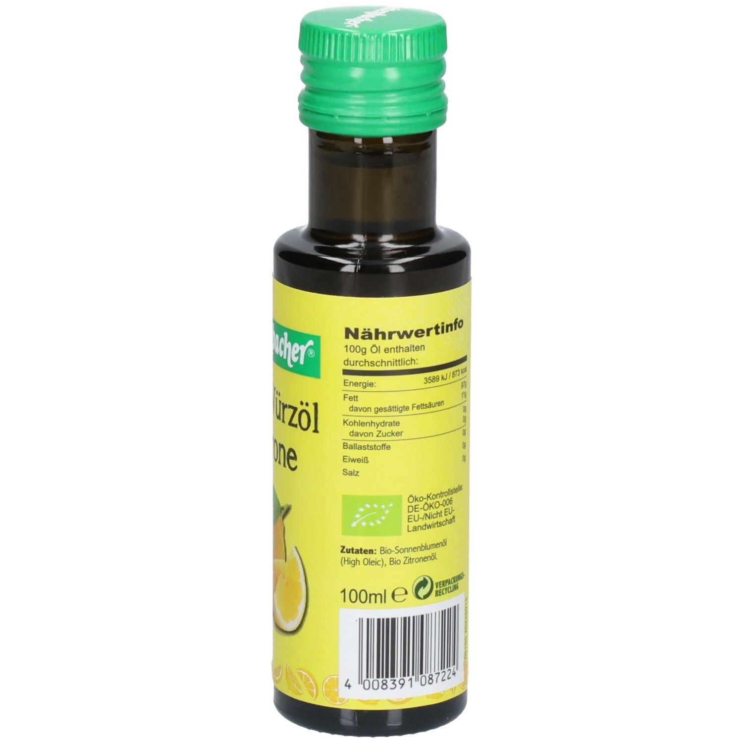 Bouteille en verre brun avec bouchon vert. Étiquette avec informations nutritionnelles et label bio.