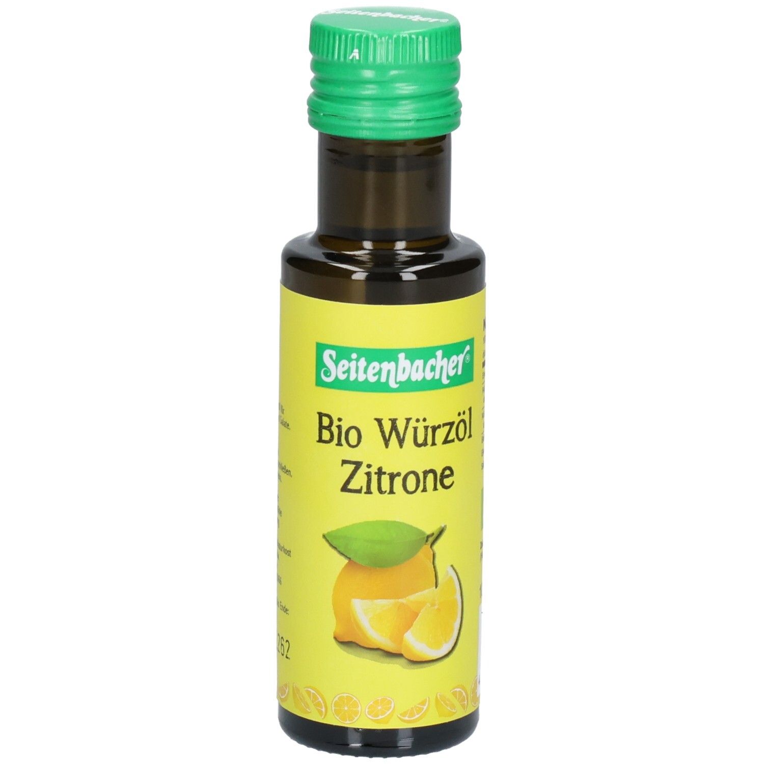 Bouteille en verre brun avec bouchon vert. Étiquette avec nom du produit, illustration de citron et logo.