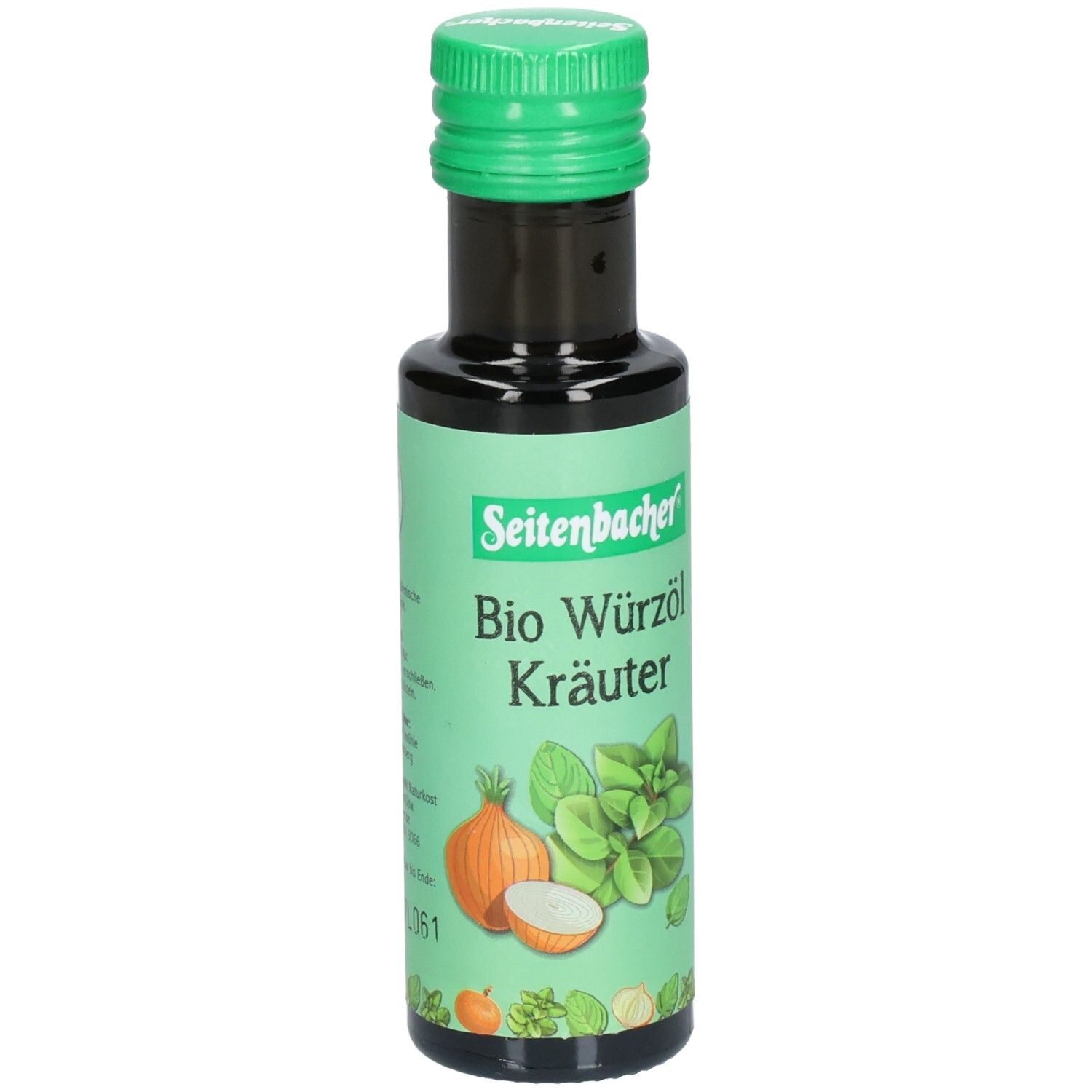 Bouteille verte avec bouchon vert. Inscription : Seitenbacher Bio Würzöl Kräuter. Illustration d'oignons et d'herbes.