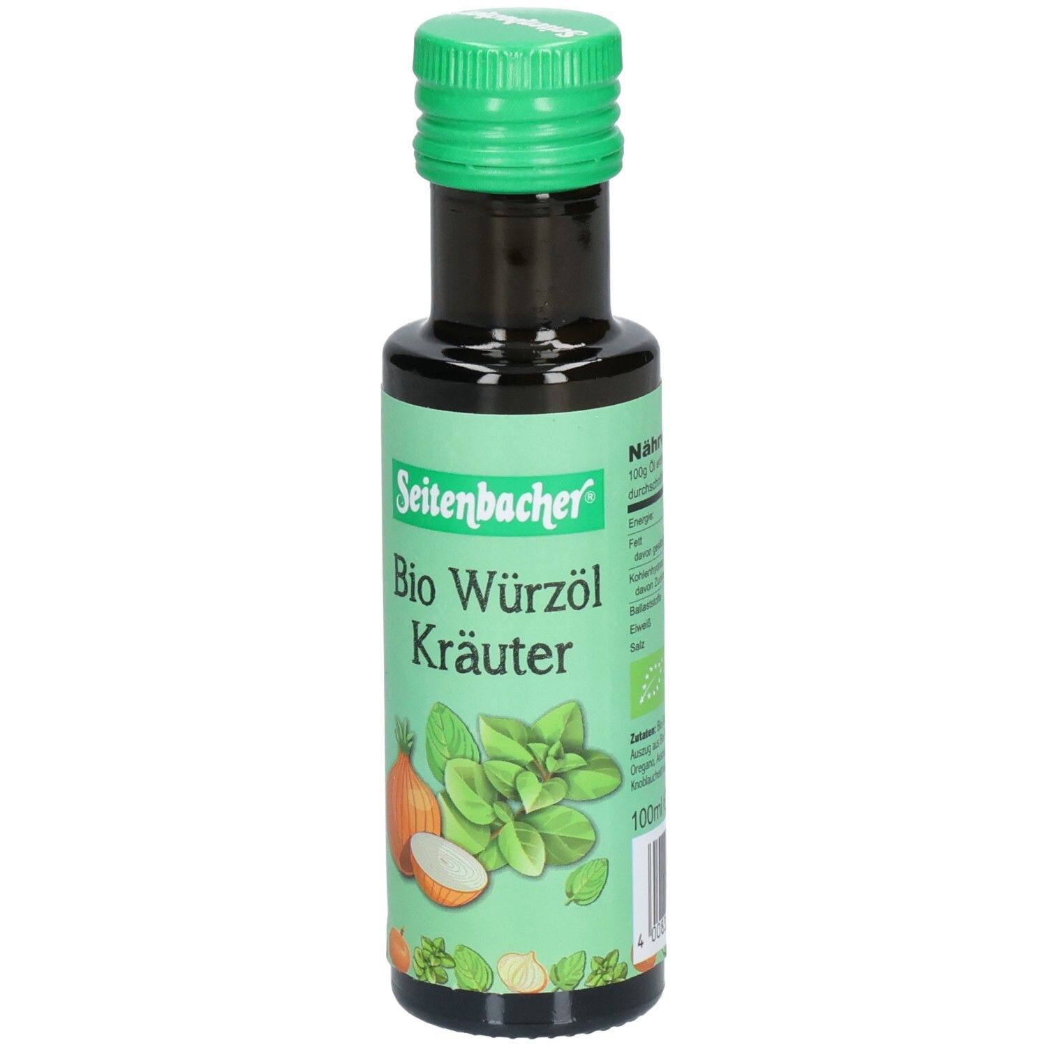 Bouteille verte avec bouchon vert. Inscription : Seitenbacher Bio Würzöl Kräuter. Illustration d'oignons et d'herbes. 100ml.