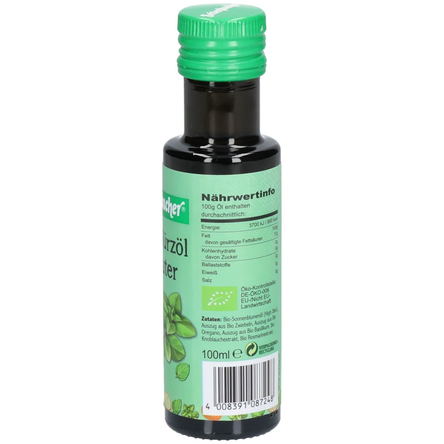 Bouteille verte avec bouchon vert. Dos avec informations nutritionnelles. 100ml. Label bio.
