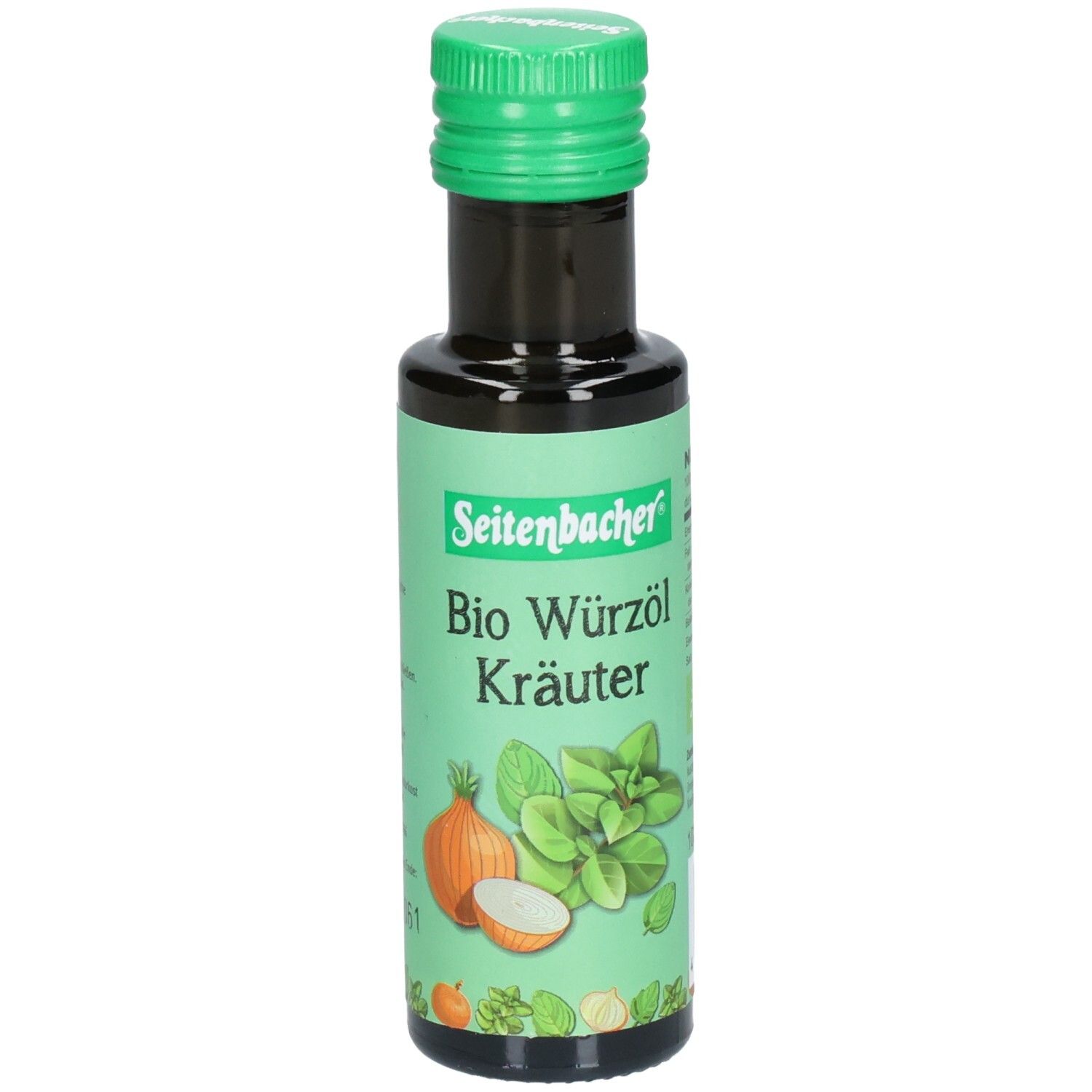 Bouteille verte avec bouchon vert. Inscription : Seitenbacher Bio Würzöl Kräuter. Illustration d'oignons et d'herbes.
