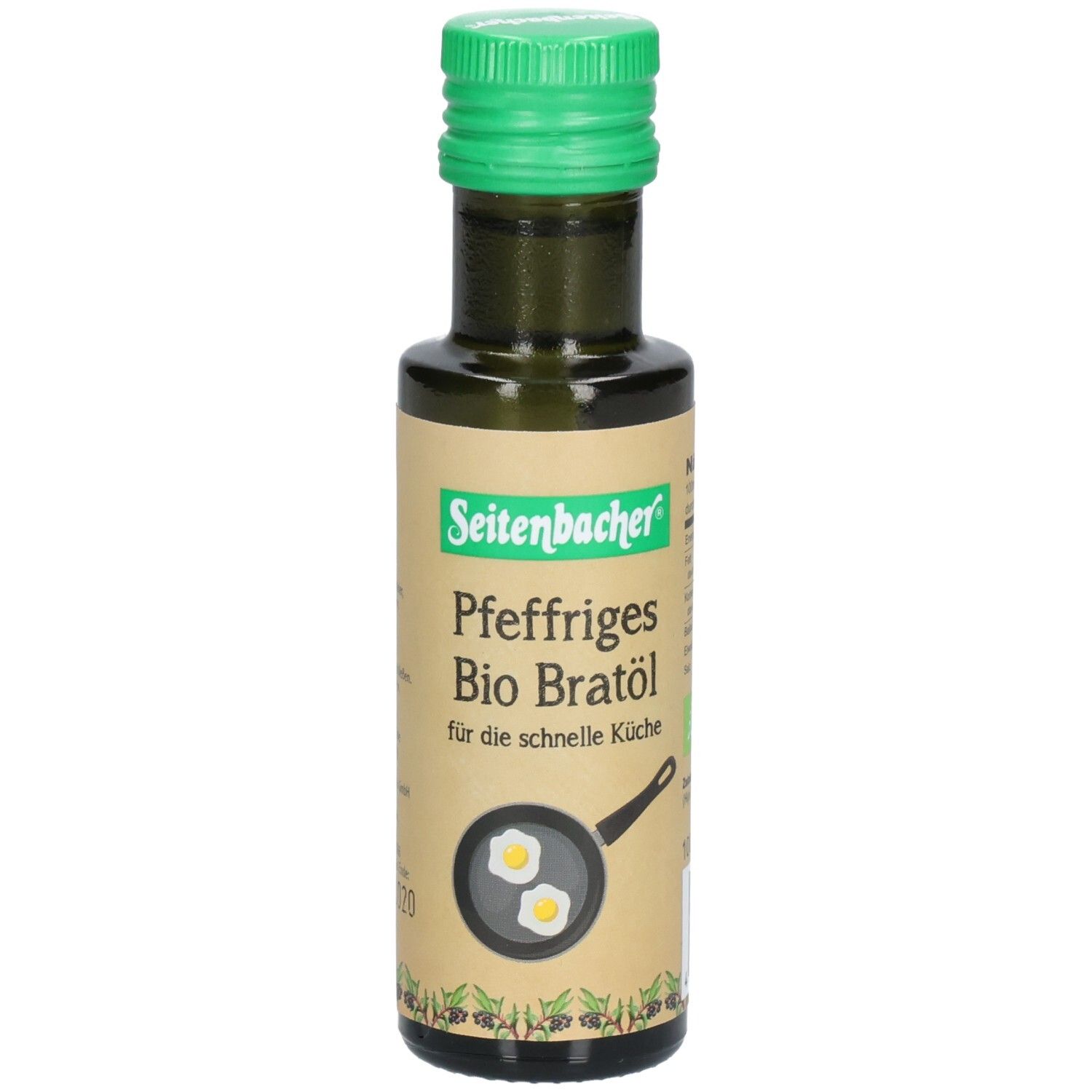 Bouteille en verre vert avec bouchon vert. Étiquette avec nom du produit: Pfeffriges Bio Bratöl. Illustration d'une poêle avec des œufs au plat.