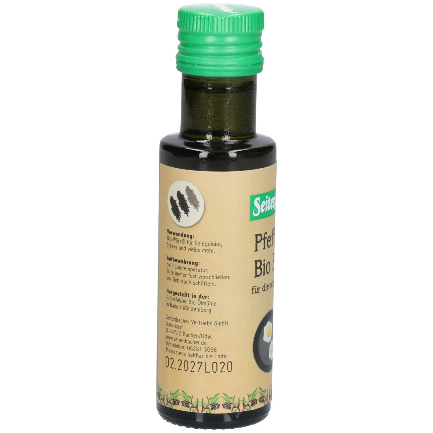 Bouteille en verre vert avec bouchon vert. Étiquette avec informations sur le produit et texte. Visible: label bio, date de péremption.