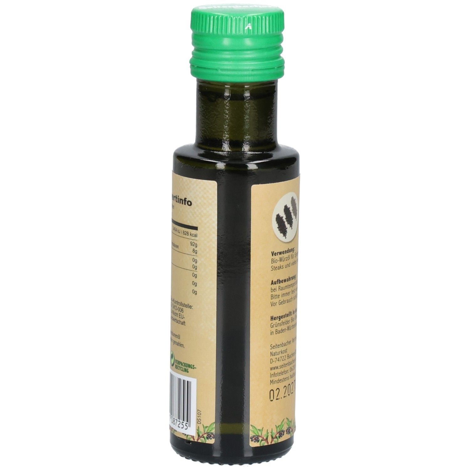 Bouteille en verre vert avec bouchon vert. Étiquette avec informations nutritionnelles et texte. Code-barres en bas à gauche.