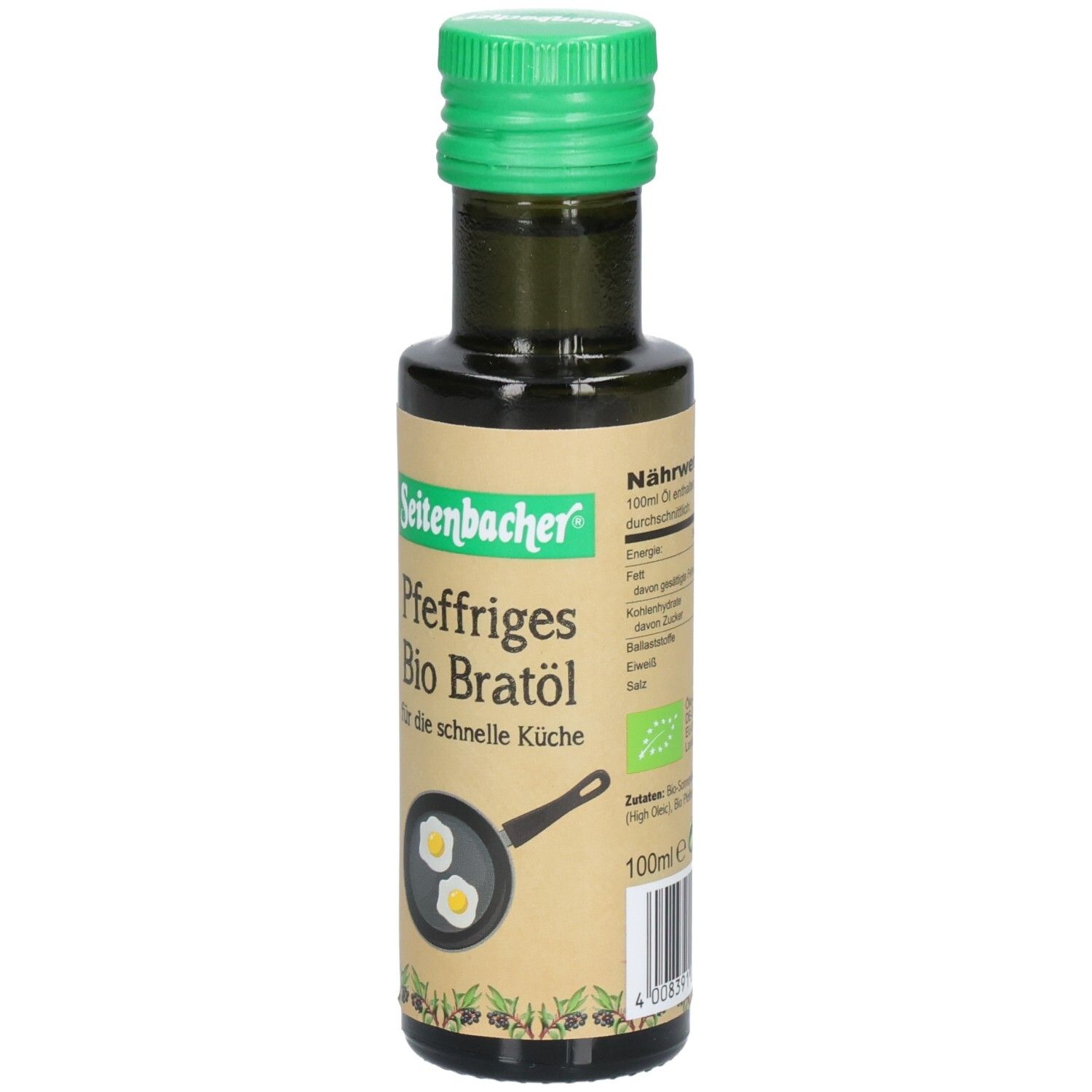 Bouteille en verre vert avec bouchon vert. Étiquette avec nom du produit: Pfeffriges Bio Bratöl. Label bio et informations nutritionnelles.
