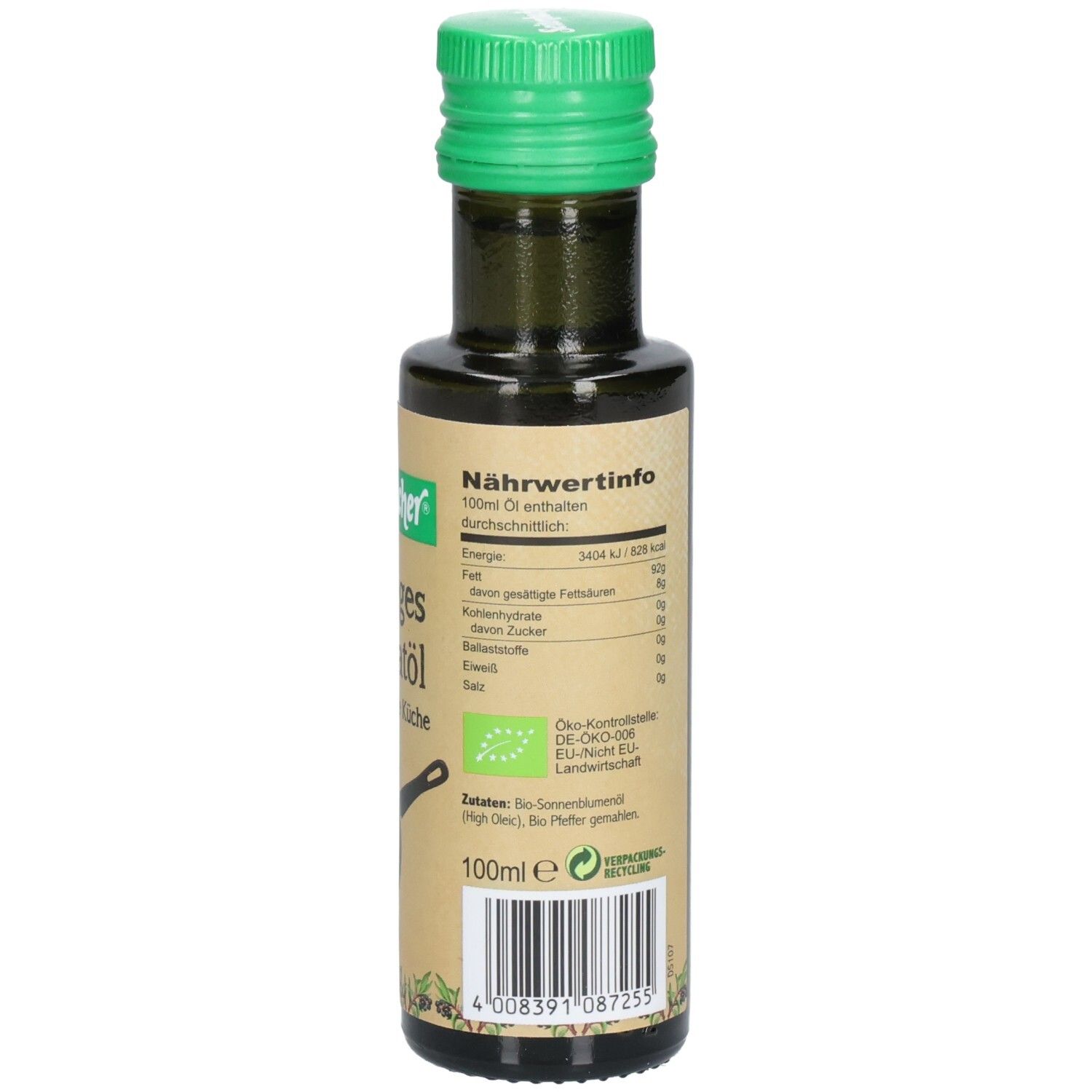 Bouteille en verre vert avec bouchon vert. Étiquette avec informations nutritionnelles et label bio. Indication 100ml.