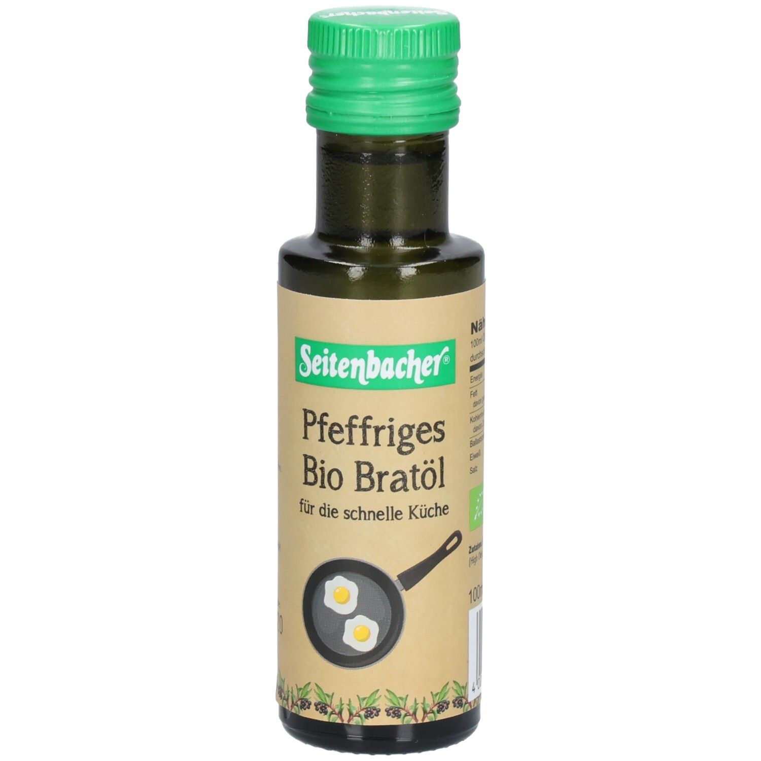 Bouteille en verre vert avec bouchon vert. Étiquette avec nom du produit: Pfeffriges Bio Bratöl. Illustration d'une poêle avec des œufs au plat.