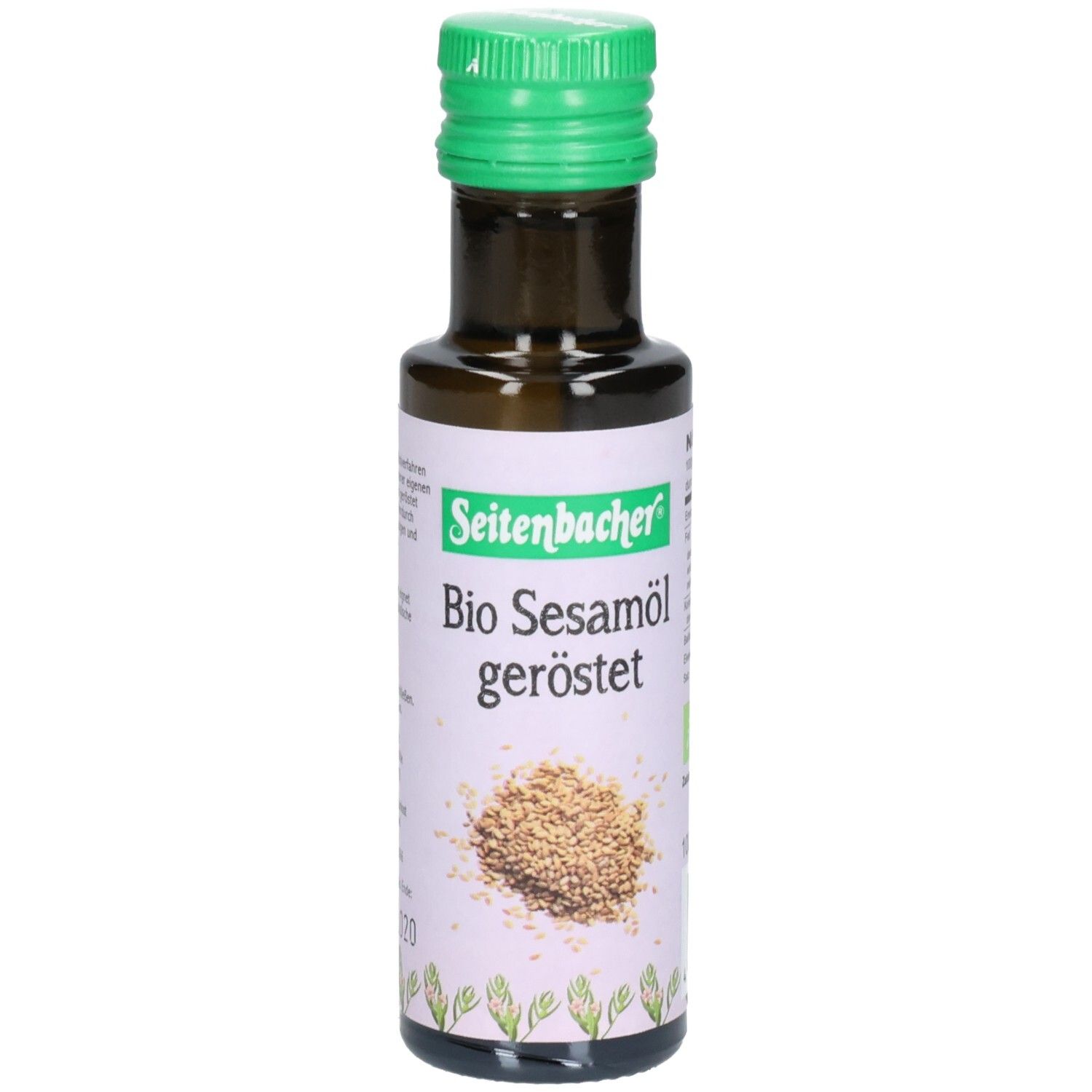 Braune Glasflasche mit grünem Deckel. Etikett mit "Seitenbacher Bio Sesamöl geröstet" und Sesamsamen-Abbildung.