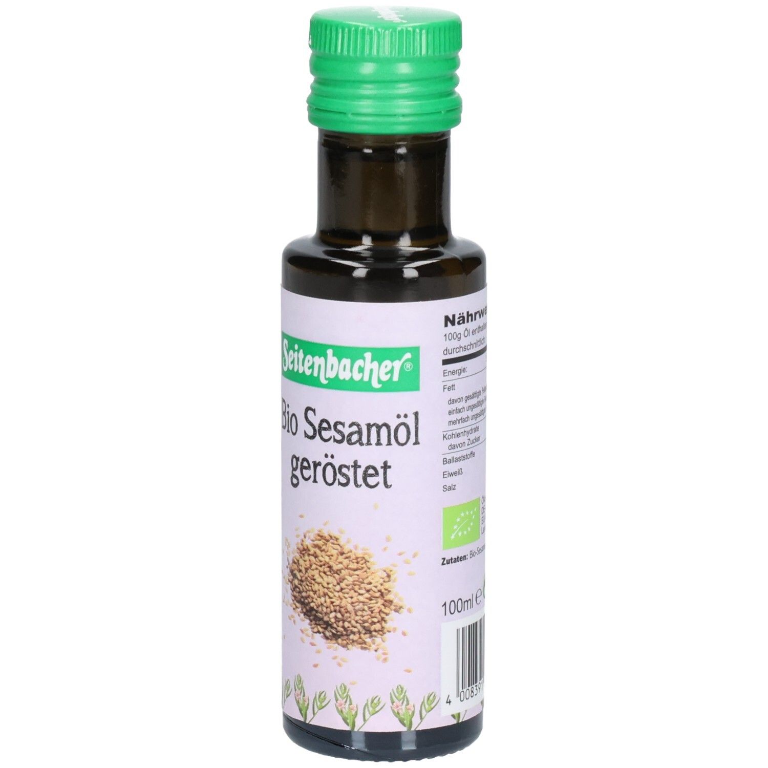 Braune Glasflasche mit grünem Deckel. Etikett mit "Seitenbacher Bio Sesamöl geröstet", Sesamsamen und Bio-Siegel.