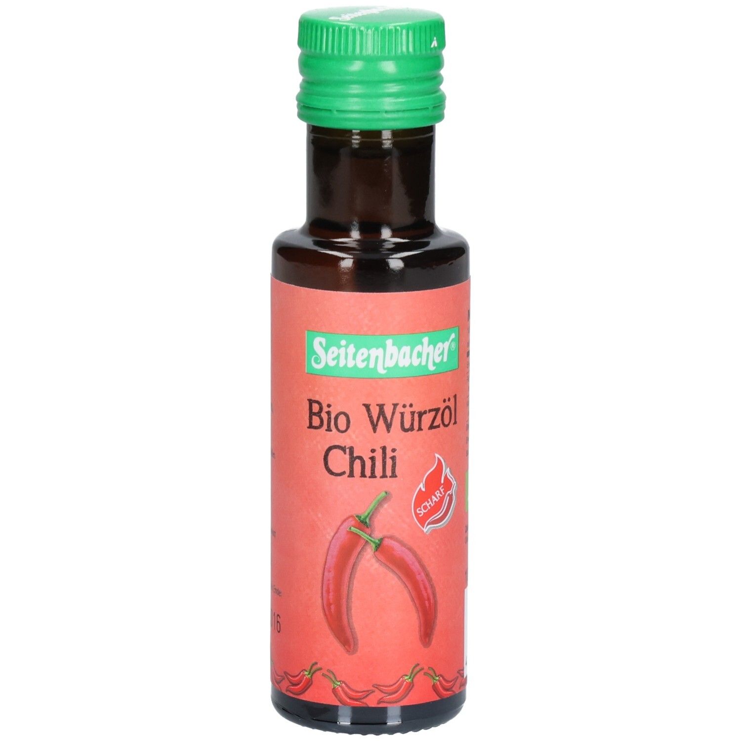 Braune Glasflasche mit grünem Deckel. Etikett mit Produktname und Chili-Abbildung. Marke: Seitenbacher.