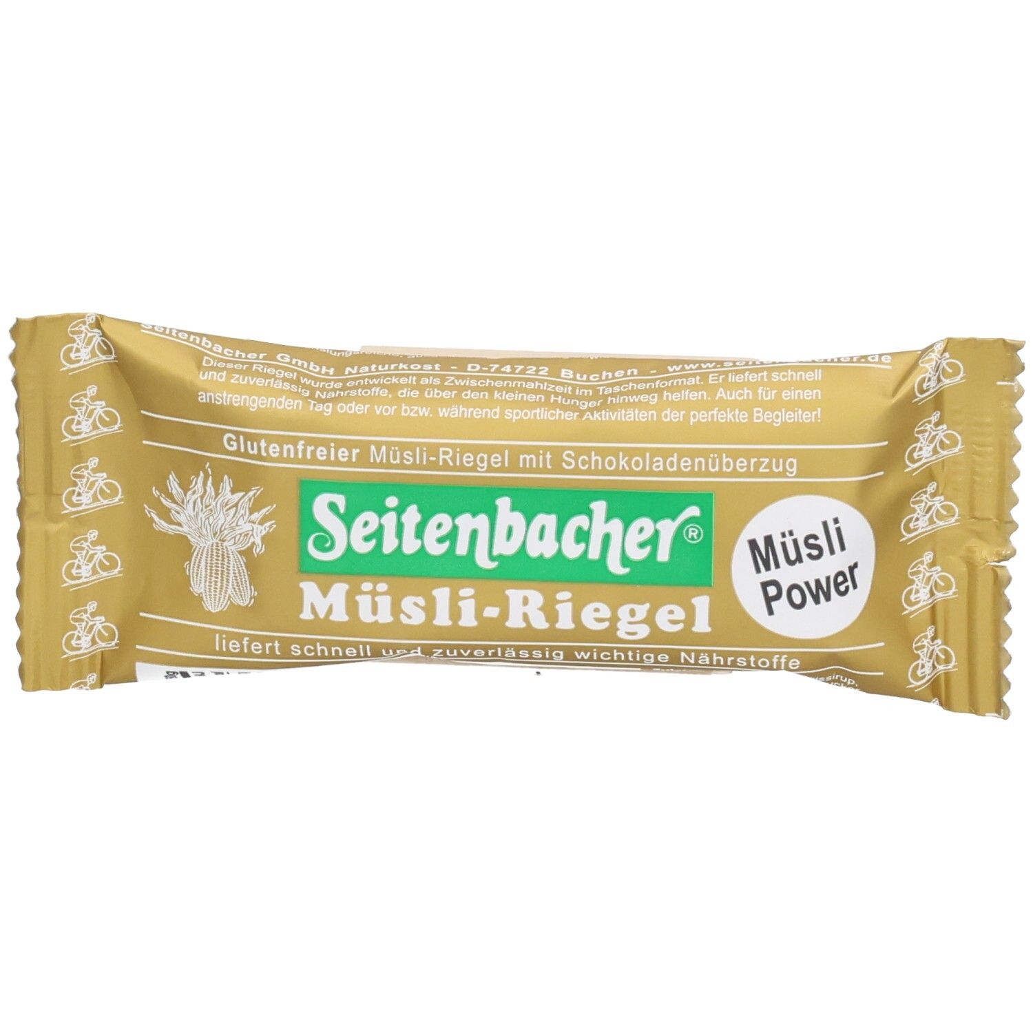 Barre emballée dorée. Inscription : Seitenbacher Müsli-Riegel, sans gluten, enrobée de chocolat. Logo et texte en vert.