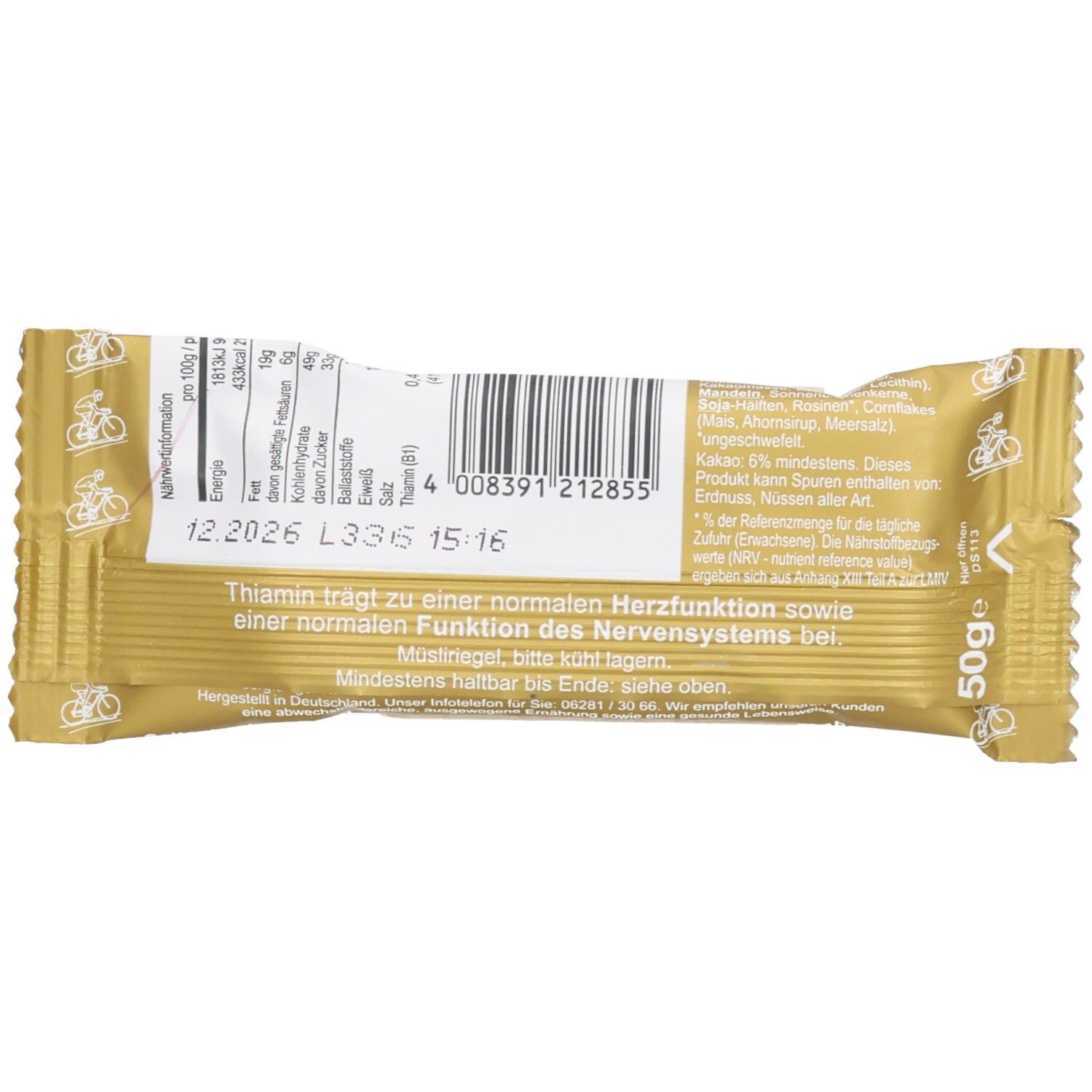 Dos de l'emballage de la barre. Contient des informations nutritionnelles, un code-barres et du texte. Poids : 50g. A consommer de préférence avant 12.2026.