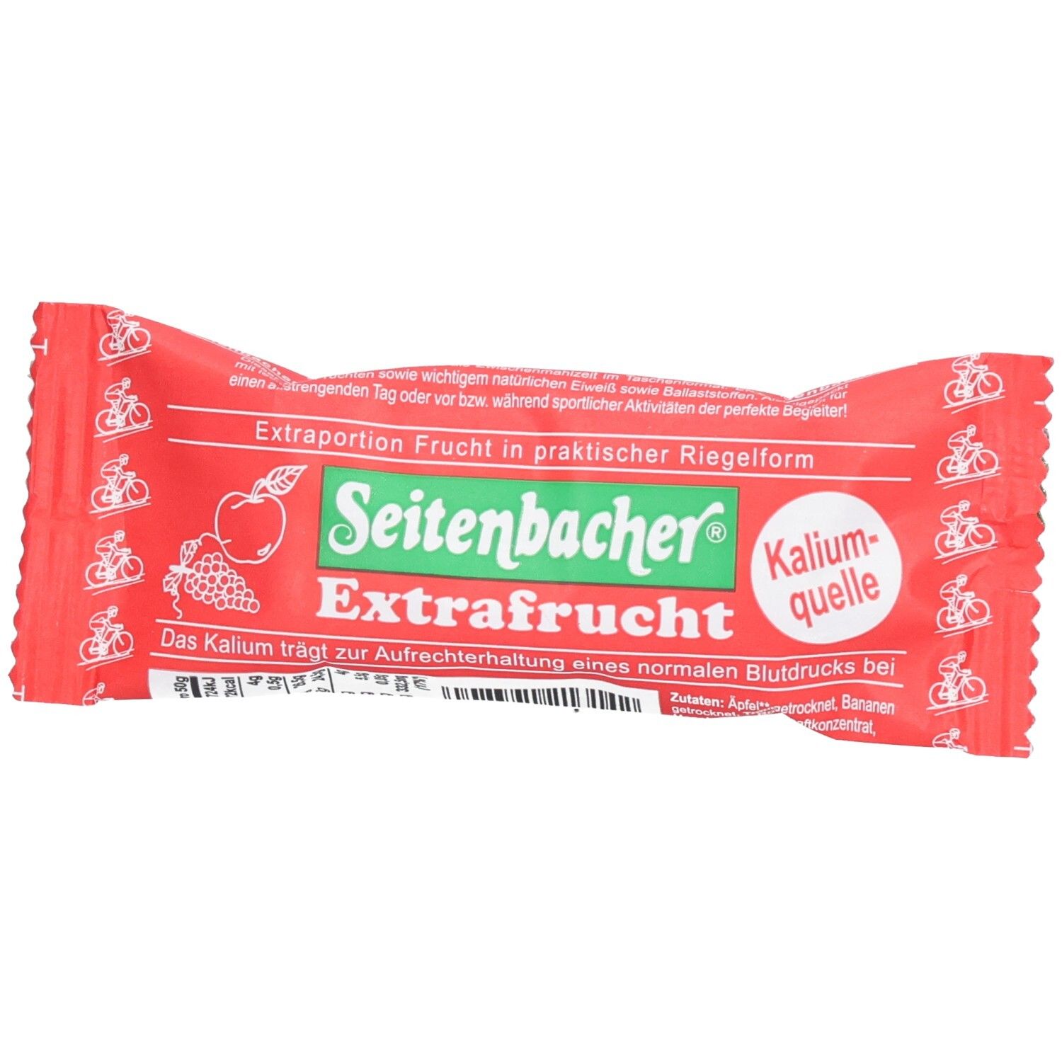 Barre rouge "Seitenbacher Extrafrucht". Source de potassium. Emballage avec illustration de fruits et symboles de vélo.