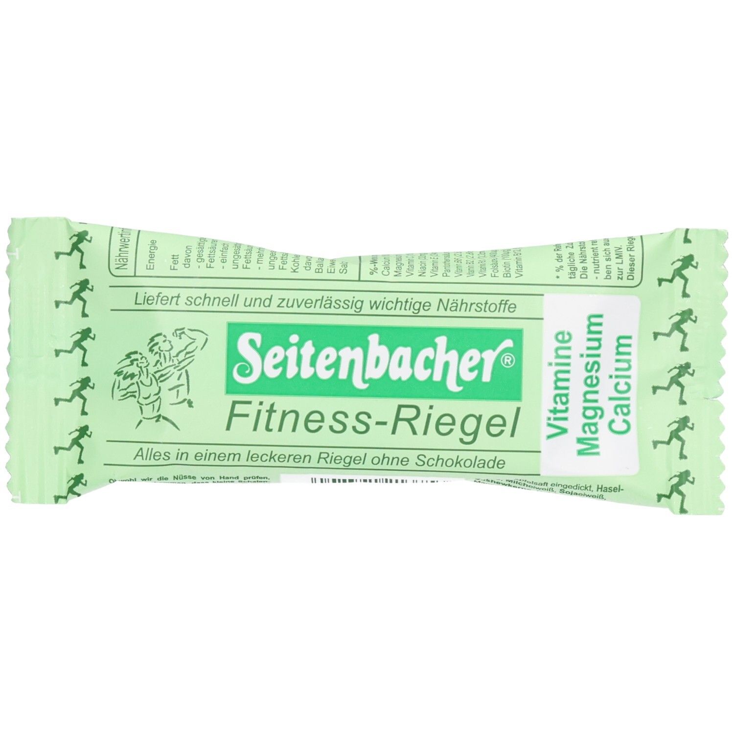 Grüner Riegel in Verpackung. Aufschrift: Seitenbacher Fitness-Riegel. Enthält Vitamine und Mineralien. Mit Läufer-Symbolen.