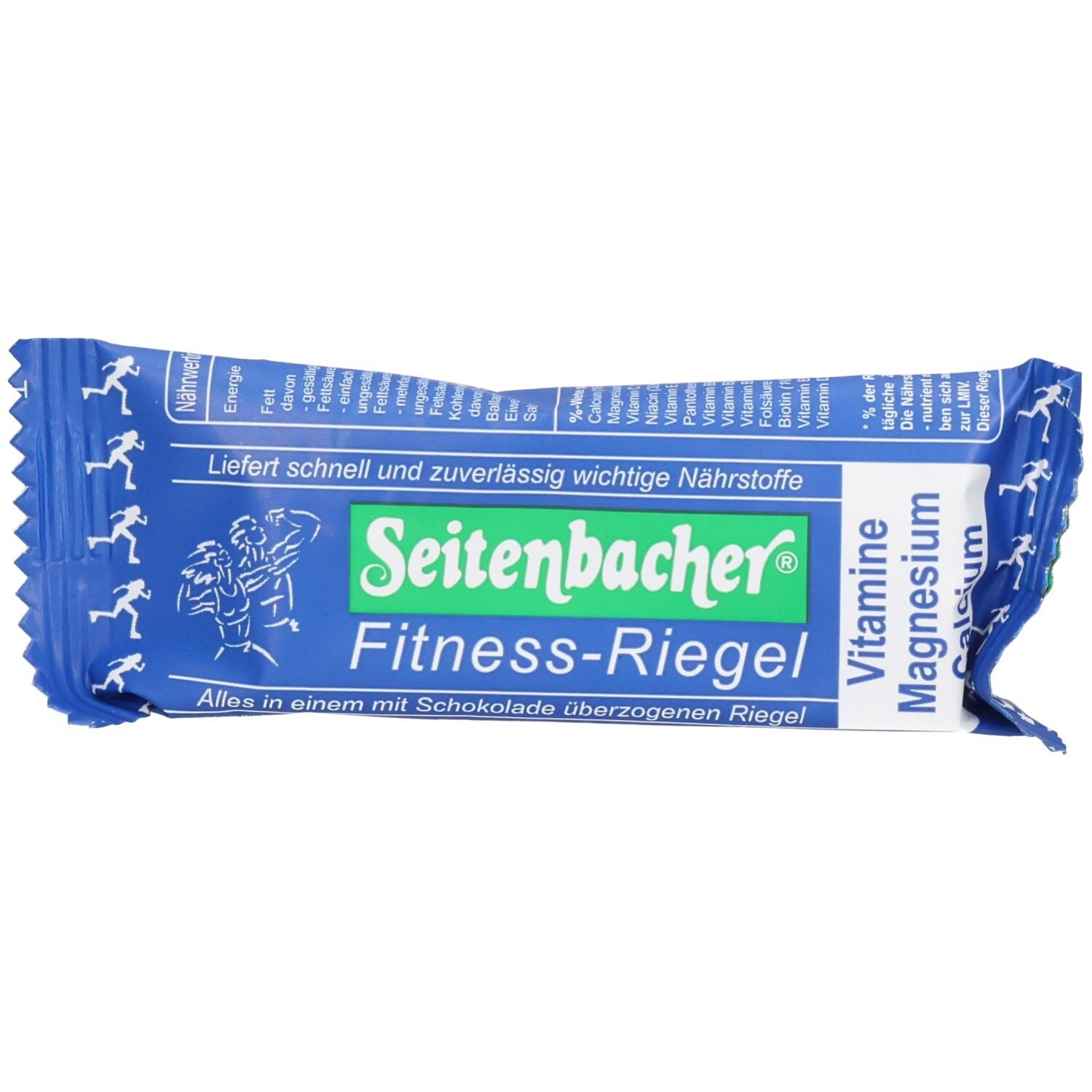 Barre emballée bleue. Seitenbacher Fitness-Riegel, Schoko. Inscription verte et blanche. Silhouette de coureur. Contient vitamines et magnésium.