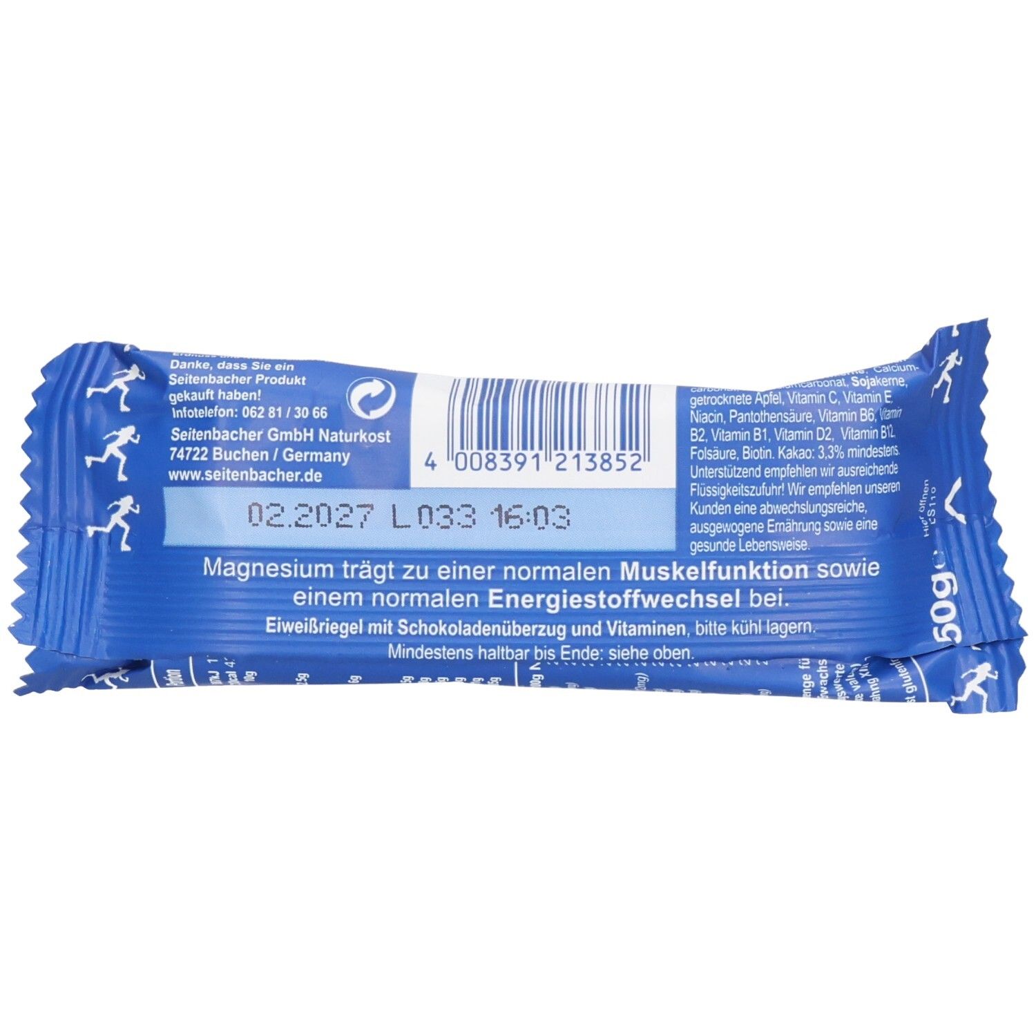 Dos de l'emballage de la barre. Emballage bleu. Seitenbacher Fitness-Riegel, Schoko. Code-barres, texte et informations nutritionnelles. 50g.