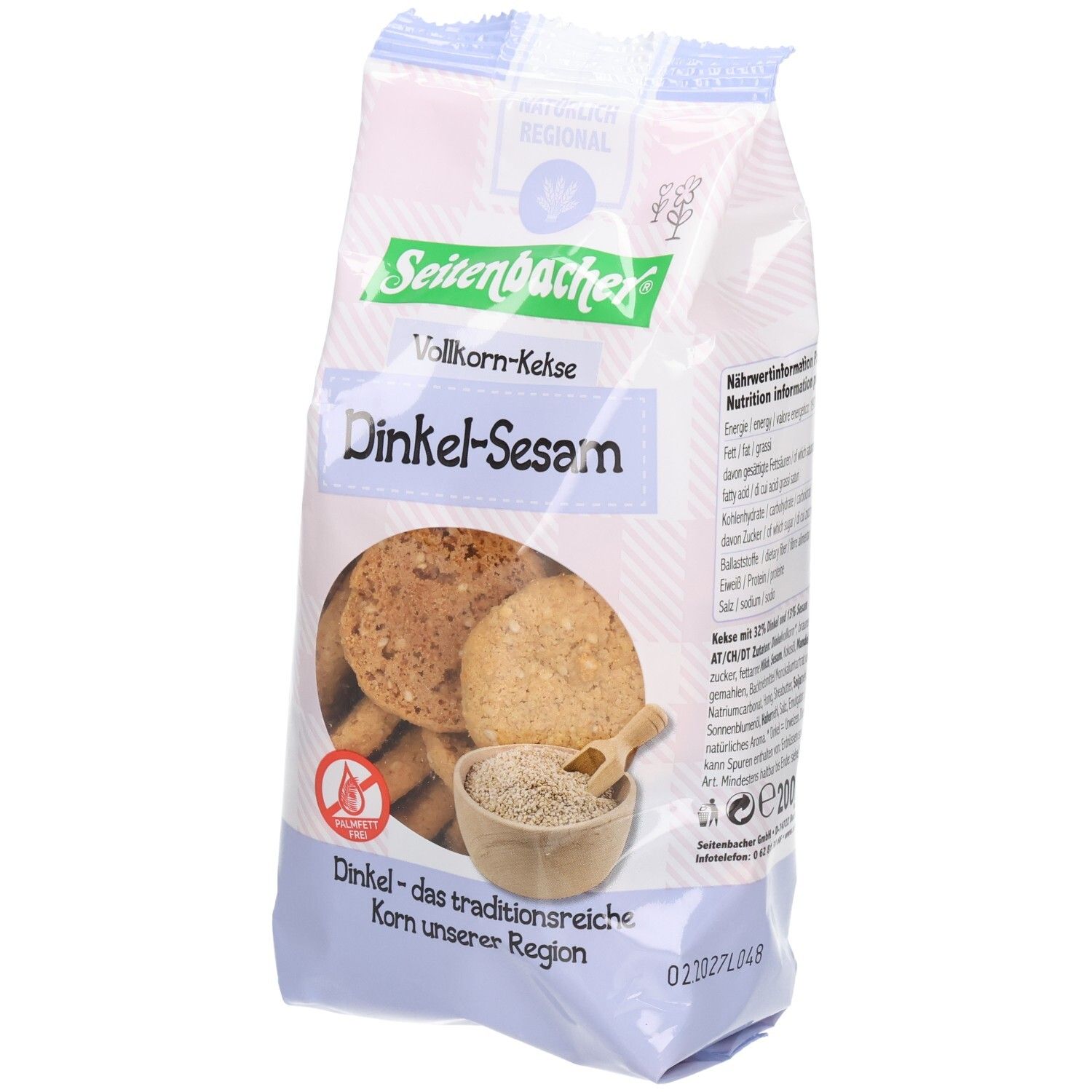 Packung Seitenbacher Dinkel-Sesam Kekse. Sichtfenster zeigt Kekse und Sesam. Glutenfrei-Symbol.