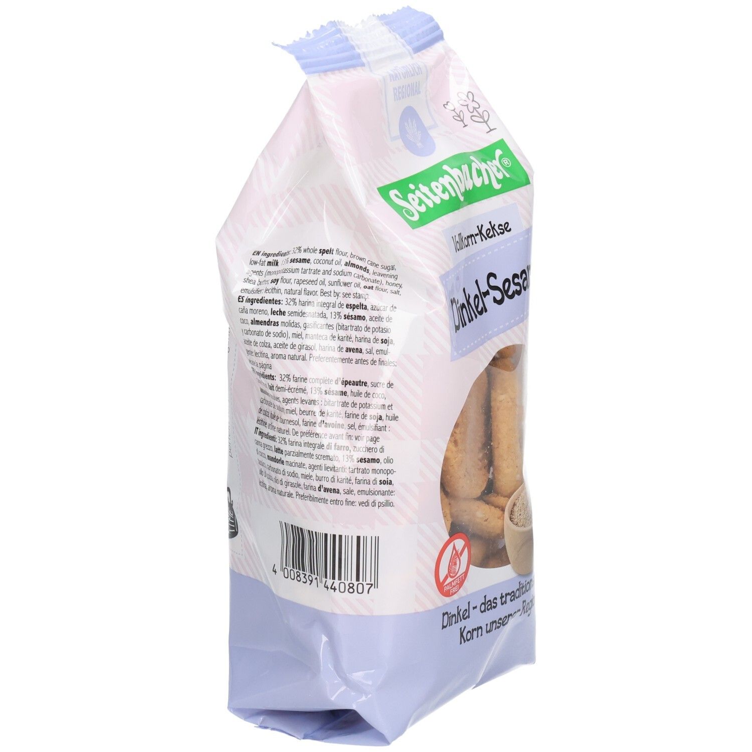 Seitenbacher Dinkel-Sesam Kekse Packung, Seitenansicht. Zutatenliste und Barcode sichtbar. Glutenfrei-Symbol.