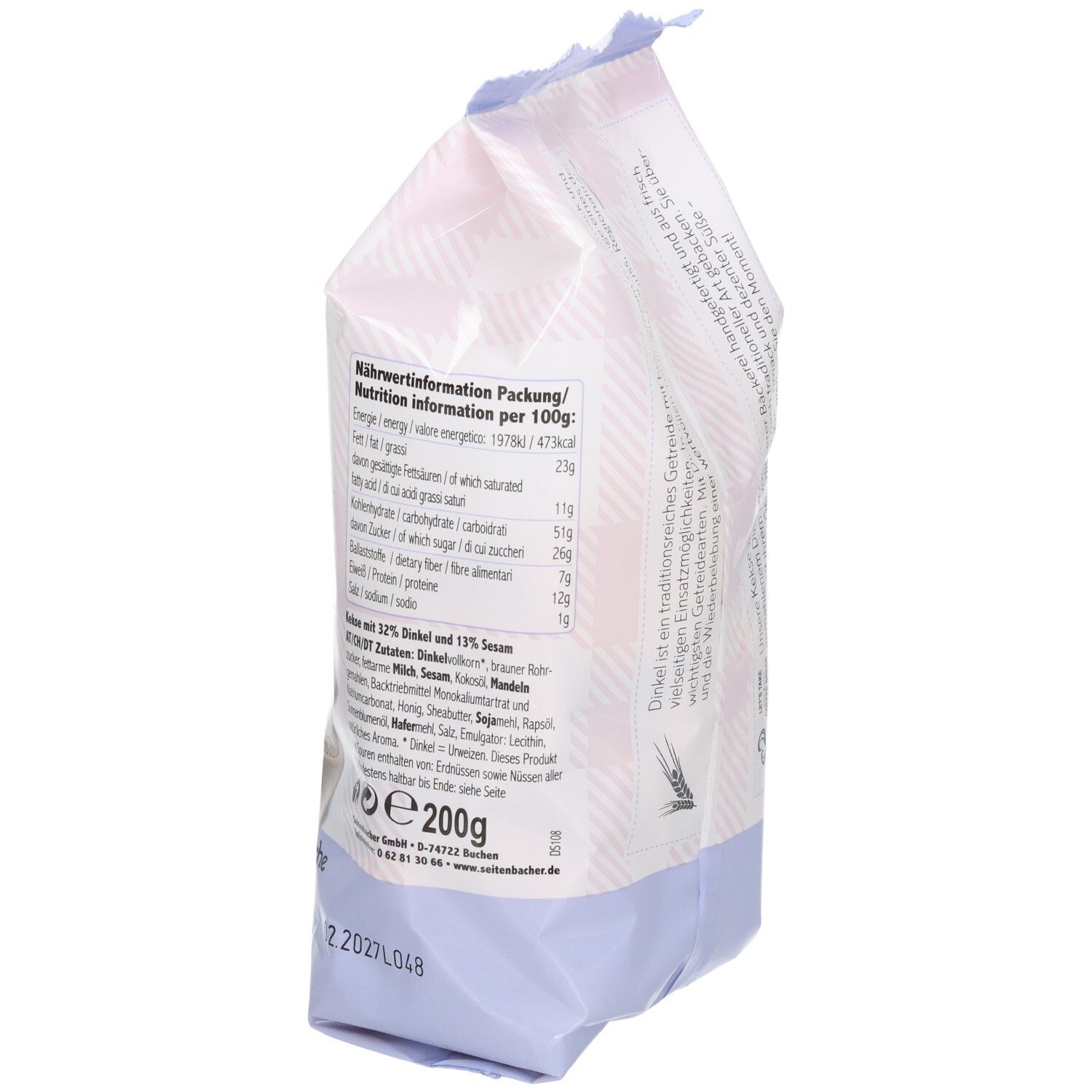 Seitenbacher Dinkel-Sesam Kekse Packung, Rückseite. Nährwertangaben pro 100g. Gewicht: 200g.