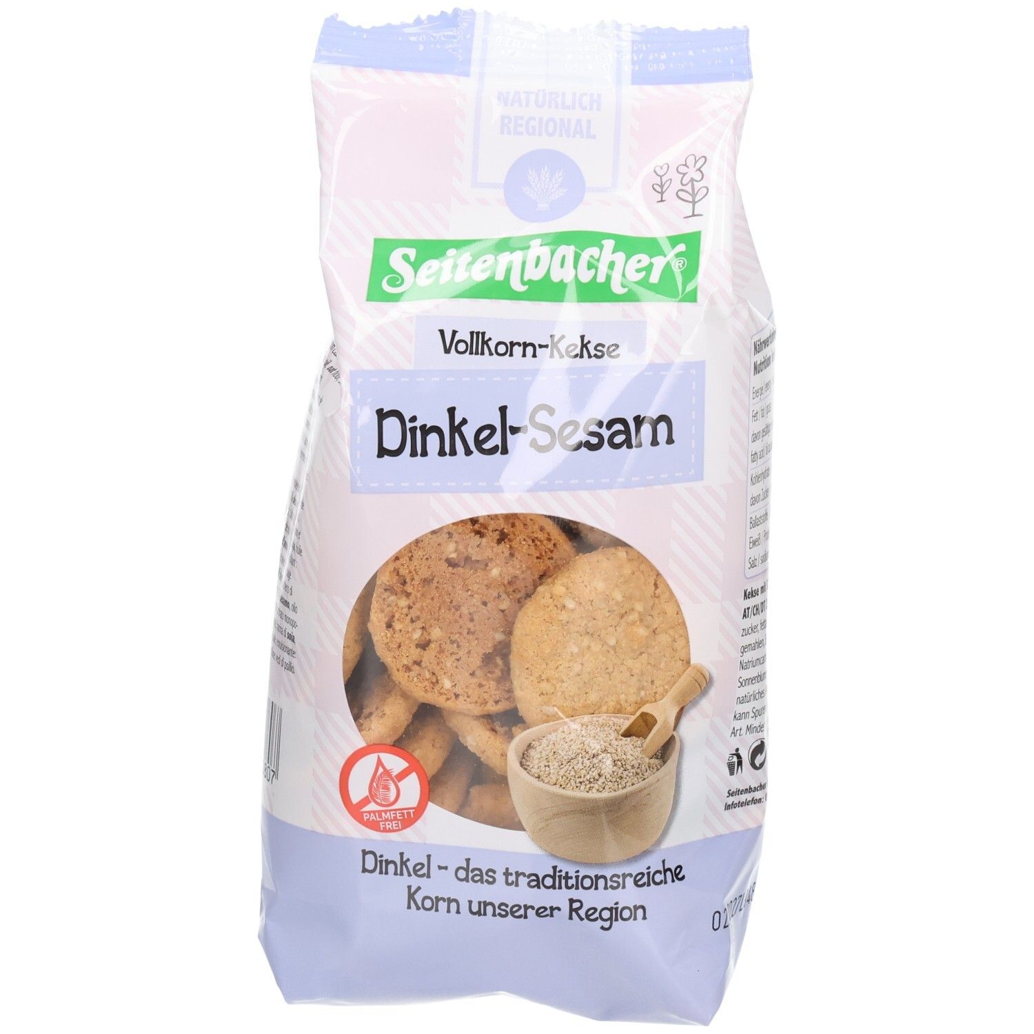Packung Seitenbacher Dinkel-Sesam Kekse. Sichtfenster zeigt Kekse und Sesam. Glutenfrei-Symbol.