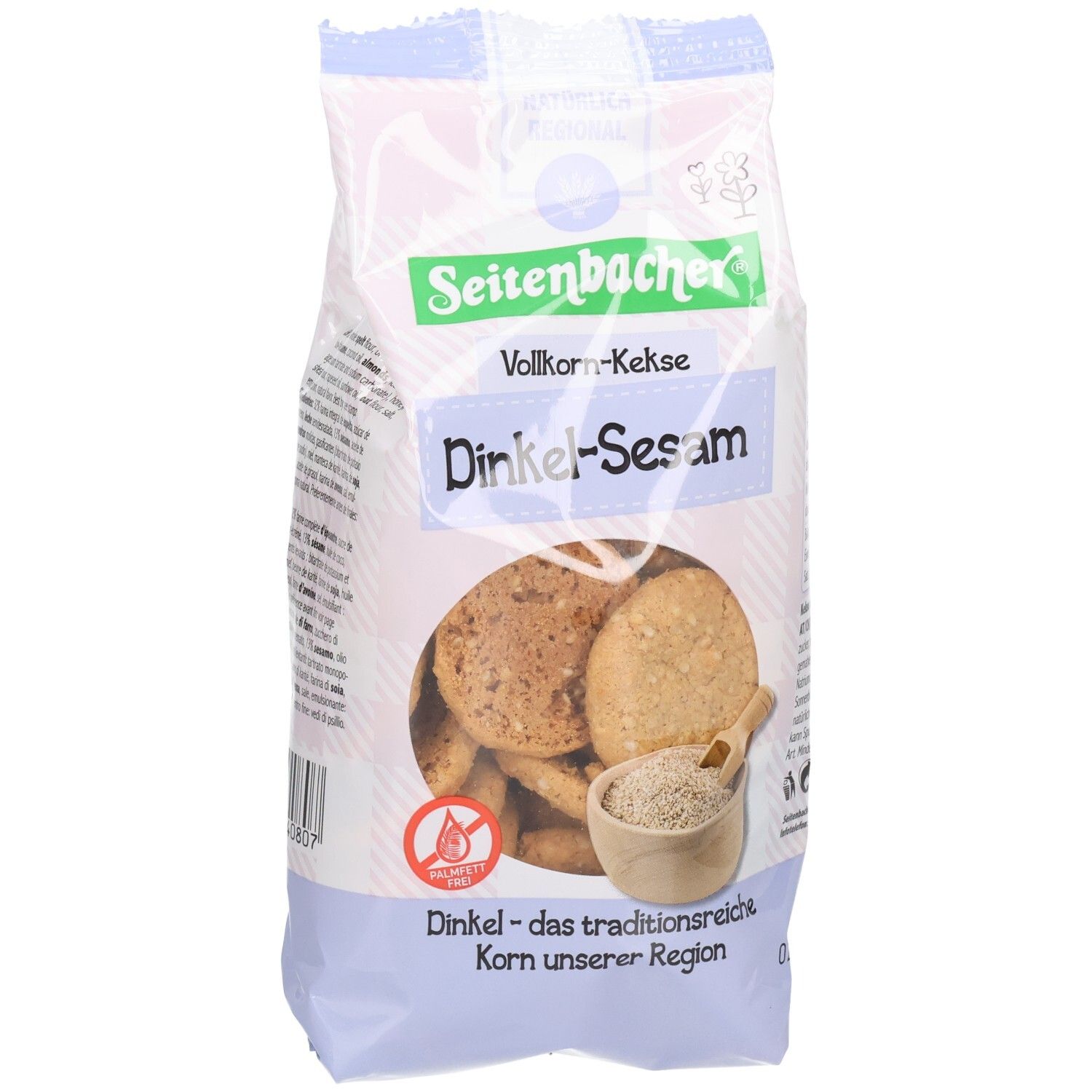 Packung Seitenbacher Dinkel-Sesam Kekse. Sichtfenster zeigt Kekse und Sesam. Glutenfrei-Symbol.