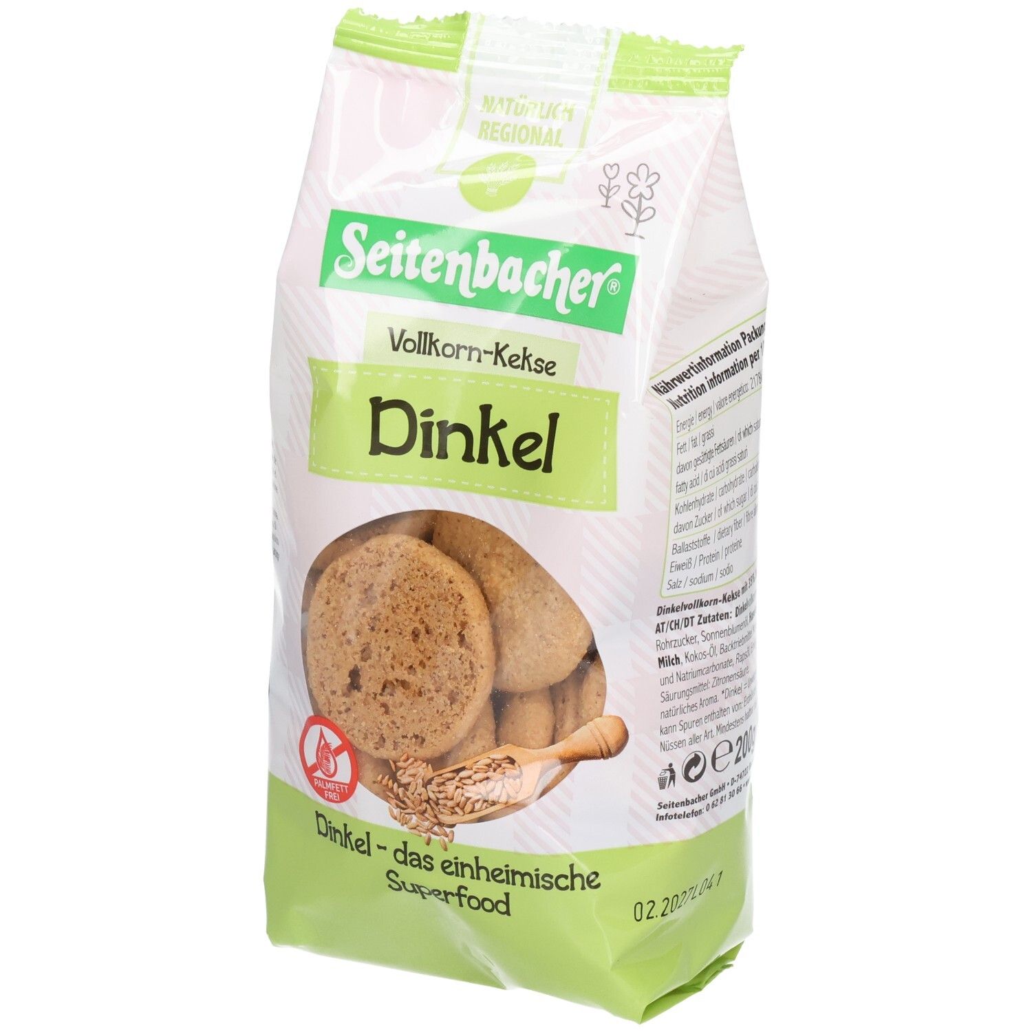 Verpackung mit Keksen. Marke Seitenbacher, Vollkorn-Kekse Dinkel. Sichtbare Kekse, braun, rund. Aufdruck: Dinkel - das einheimische Superfood.
