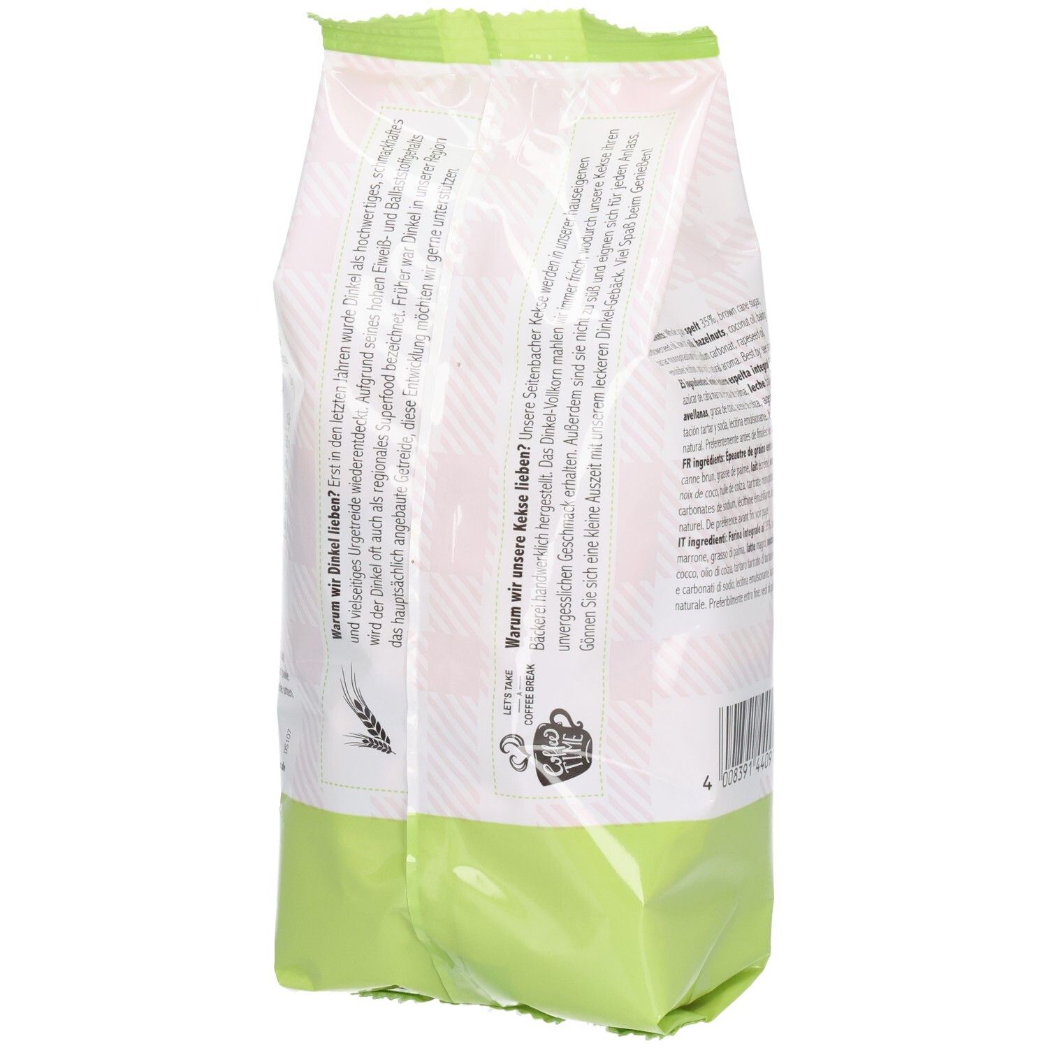 Rückseite der Kekspackung. Text in deutscher Sprache. Grün-weiße Verpackung. Informationen über die Kekse.