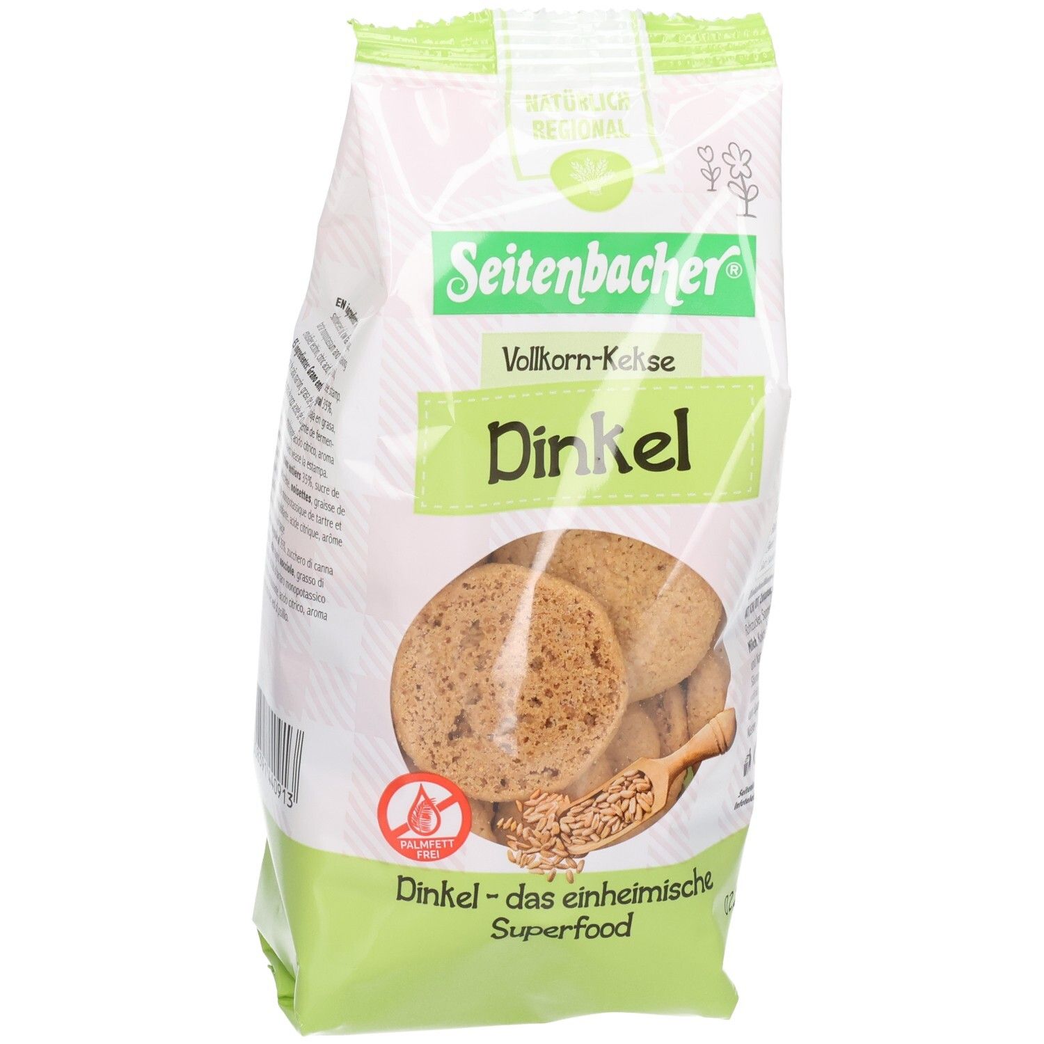 Verpackung mit Keksen. Marke Seitenbacher, Vollkorn-Kekse Dinkel. Sichtbare Kekse, braun, rund. Aufdruck: Dinkel - das einheimische Superfood.