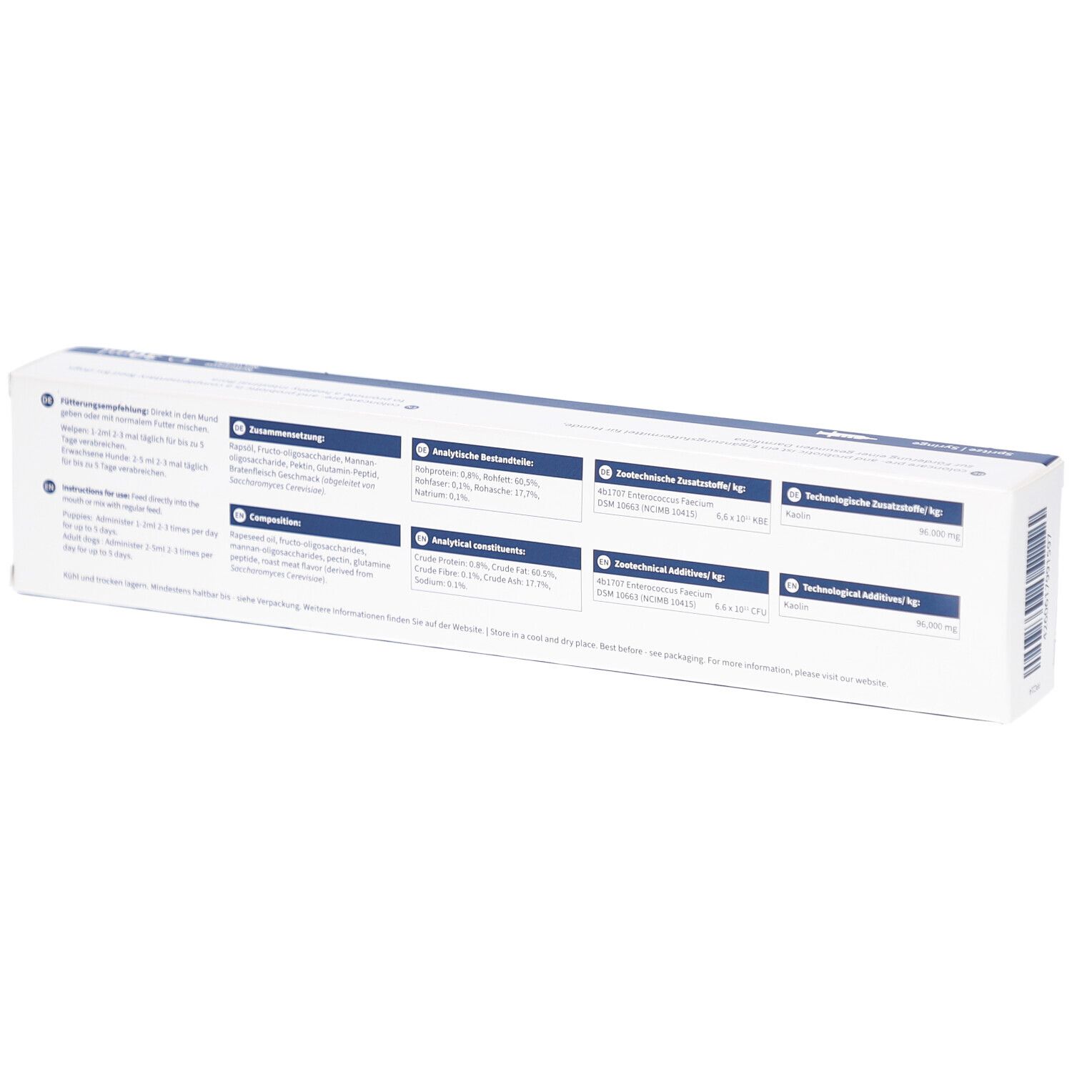 Rückseite der Kartonverpackung von coloncare pre- and probiotic DOG Paste. Enthält Informationen zu Inhaltsstoffen und analytischen Bestandteilen.