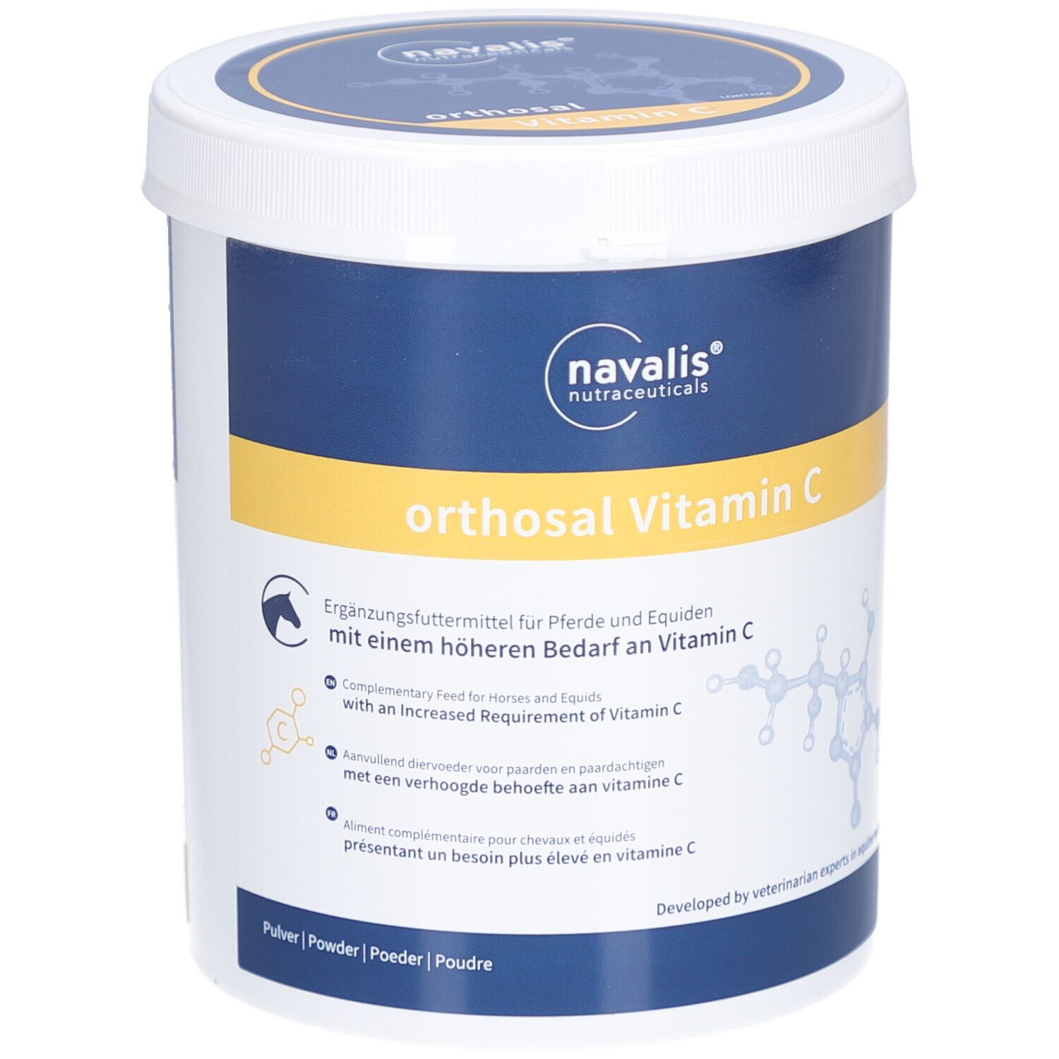 Weißer Eimer mit blauem Deckel. Aufschrift: orthosal Vitamin C. Ergänzungsfuttermittel für Pferde. Marke: navalis nutraceuticals.