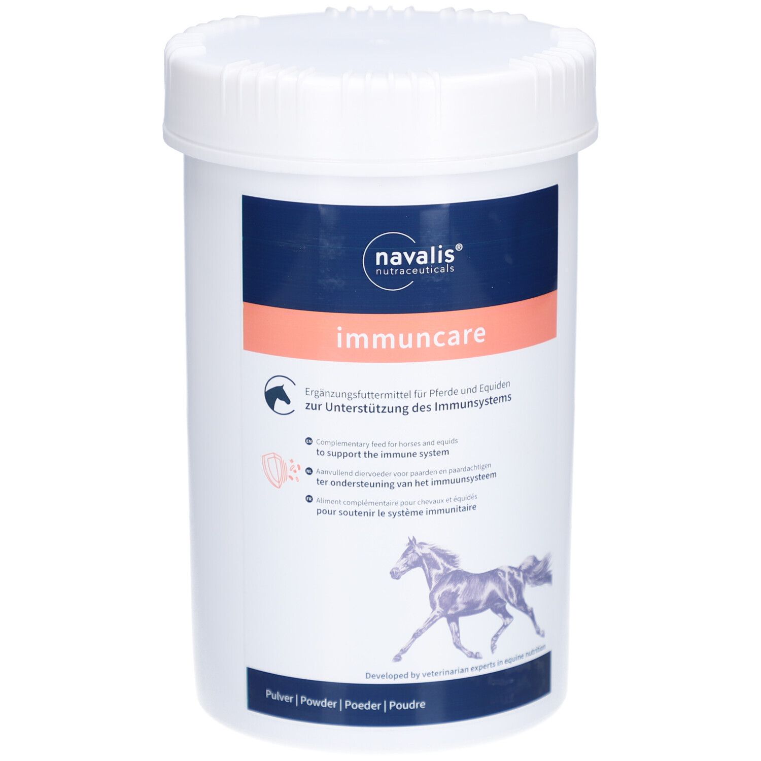 Weißer Behälter mit Deckel. Aufschrift: immuncare, navalis. Zusatzfutter für Pferde. Mit Pferdeabbildung.