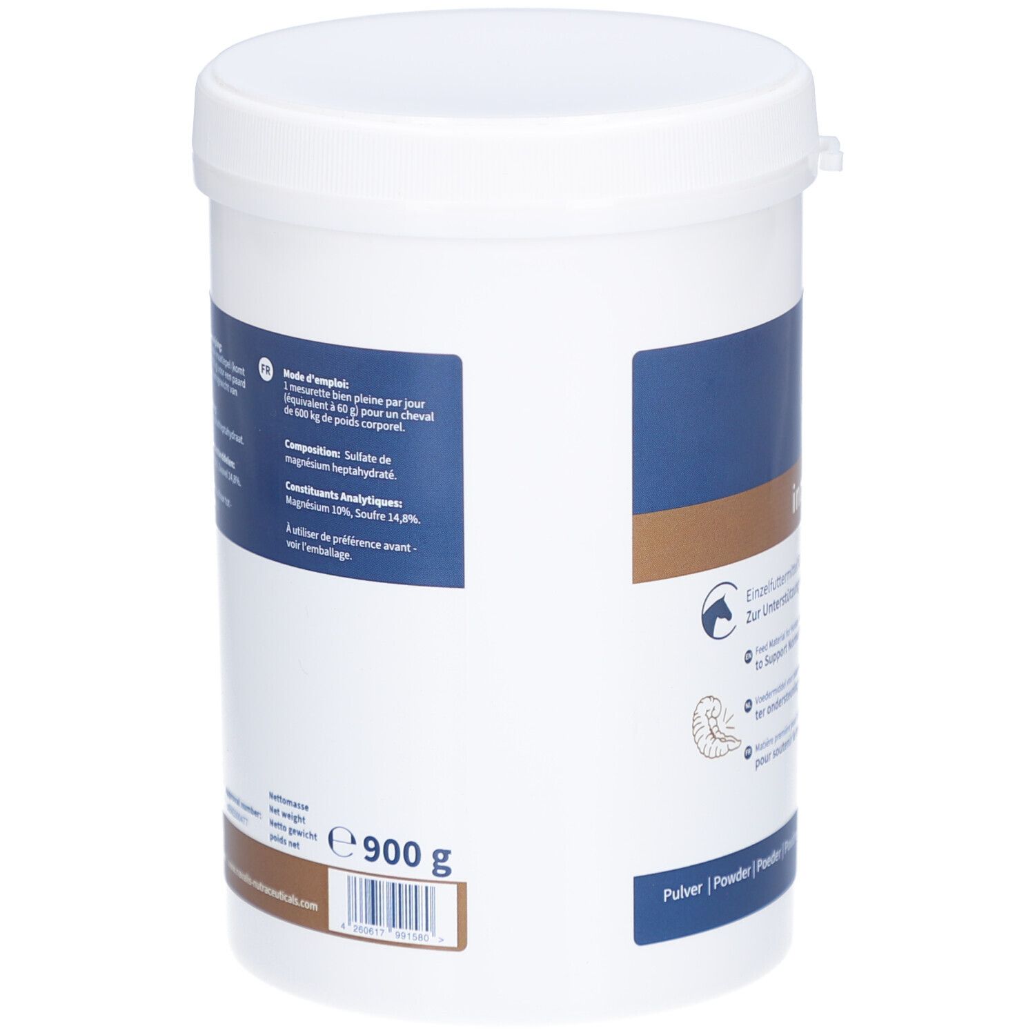 Weißer Behälter, Rückseite. Text: 900 g, Inhaltsstoffe, Gebrauchsanweisung. Braune und blaue Beschriftung.