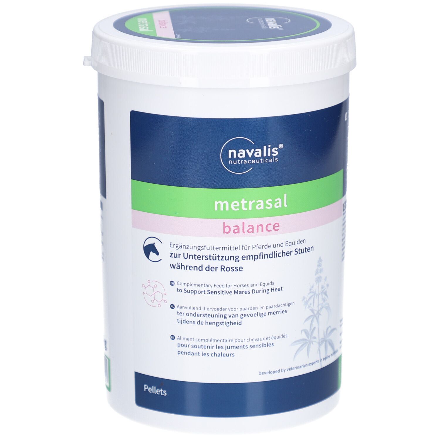Weißer Eimer mit blau-grüner Beschriftung. Aufschrift: metrasal balance. Ergänzungsfuttermittel für Pferde.