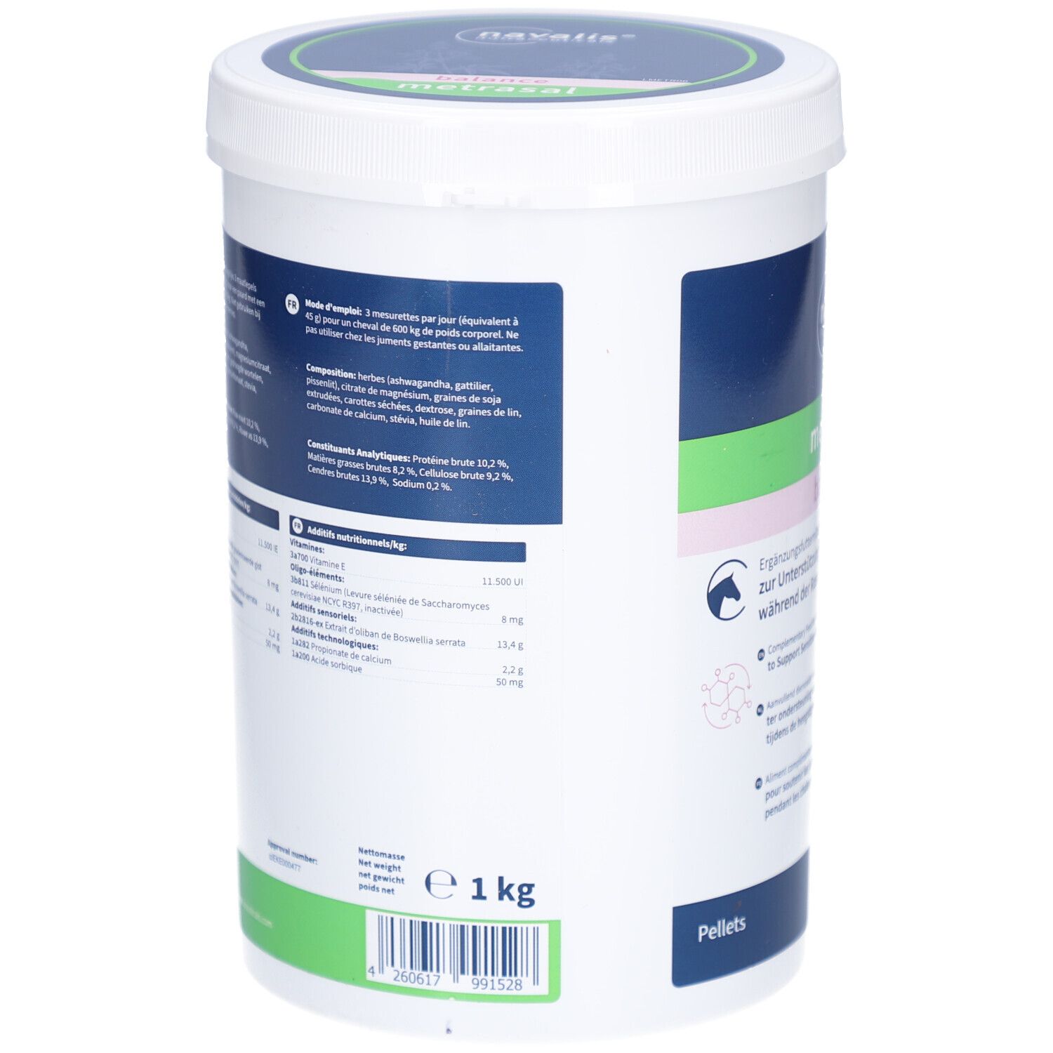 Rückseite des Eimers. Text mit Inhaltsstoffen und Nährwertangaben. Gewicht: 1 kg. Barcode.