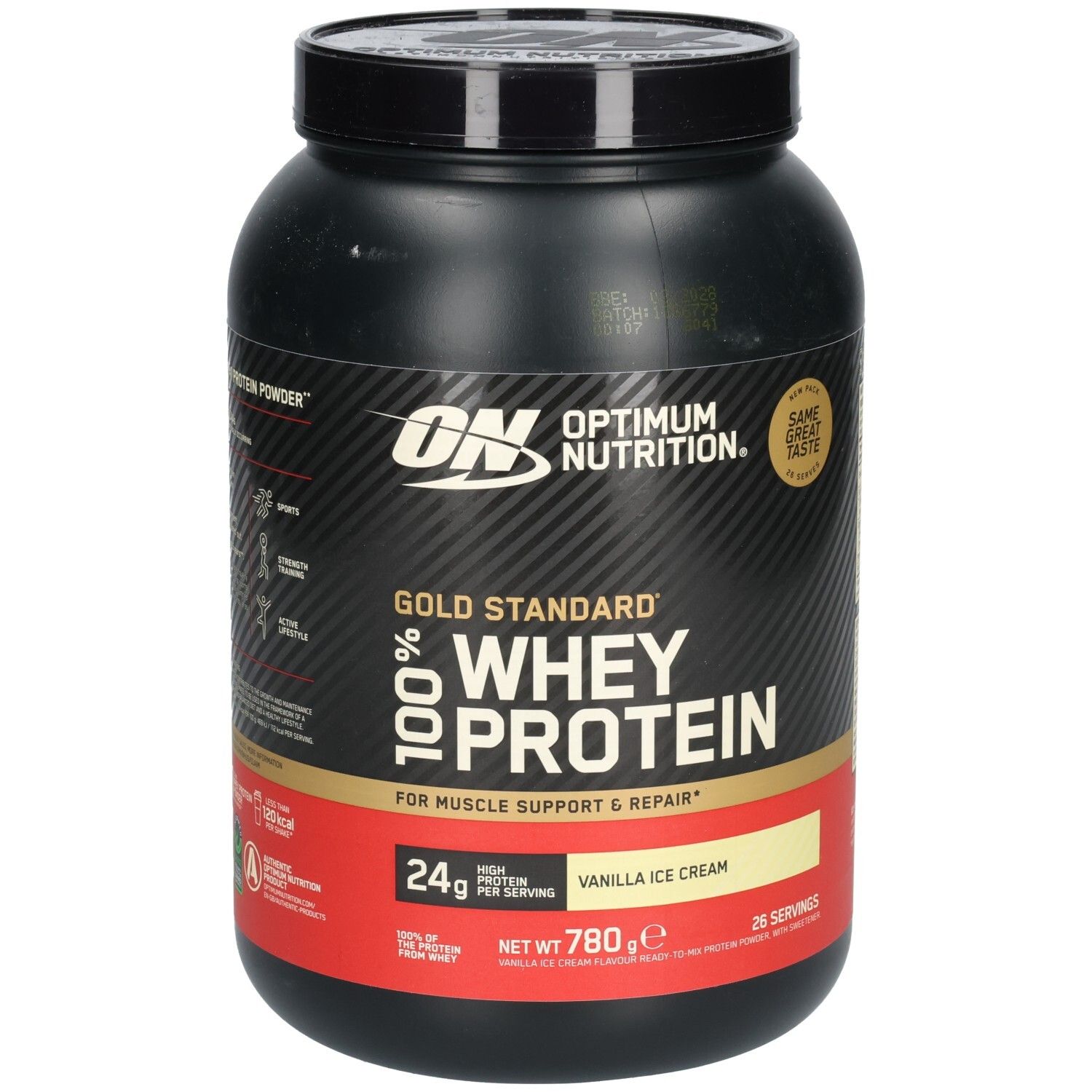 Pot noir avec "Optimum Nutrition" et "Gold Standard 100% Whey Protein". Goût: Vanilla Ice Cream. 780g.