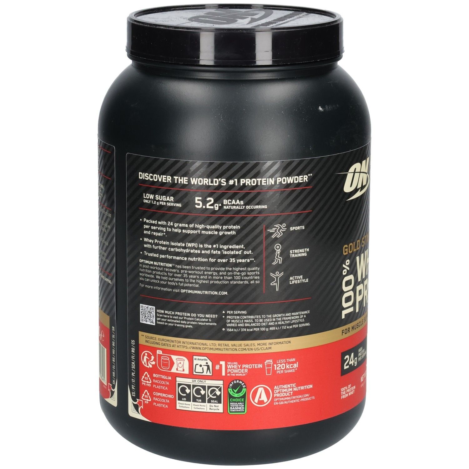 Dos du pot noir avec informations sur "Optimum Nutrition Gold Standard Whey Protein". Contient des informations sur les BCAA et la valeur nutritionnelle.