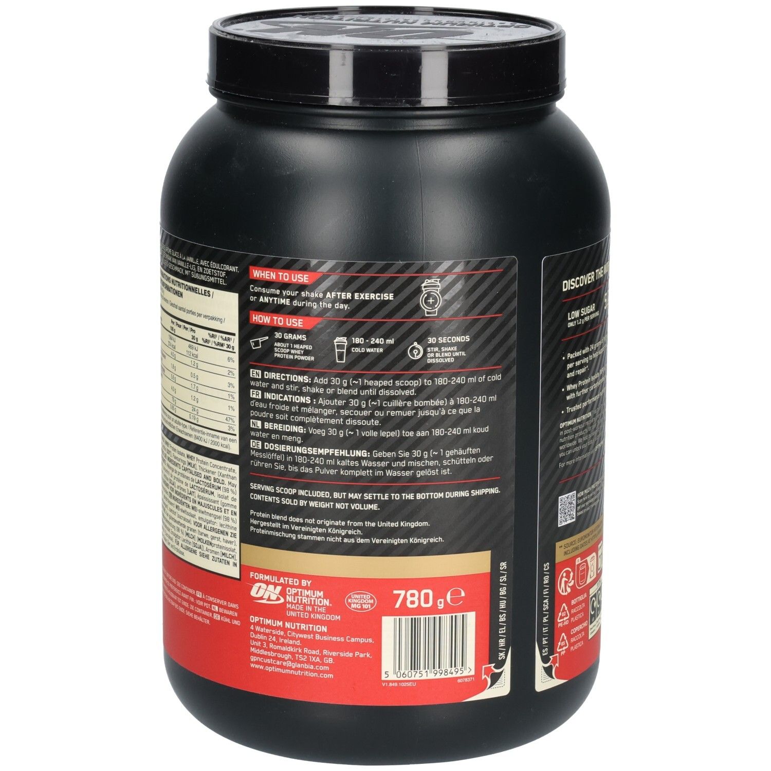 Dos du pot noir avec instructions d'utilisation de "Optimum Nutrition Gold Standard Whey Protein". Contient des instructions de dosage.