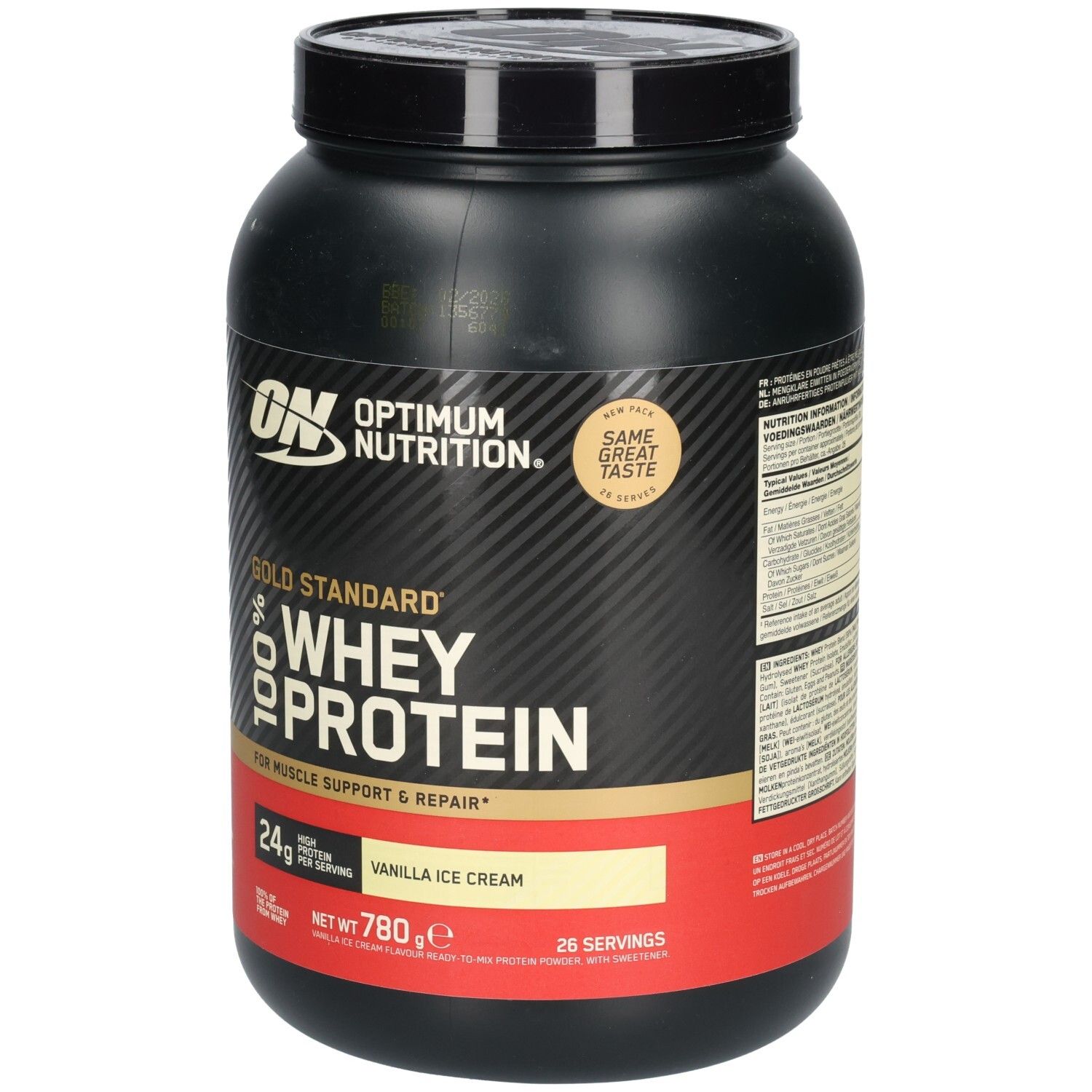 Pot noir avec "Optimum Nutrition" et "Gold Standard 100% Whey Protein". Goût: Vanilla Ice Cream. 780g.