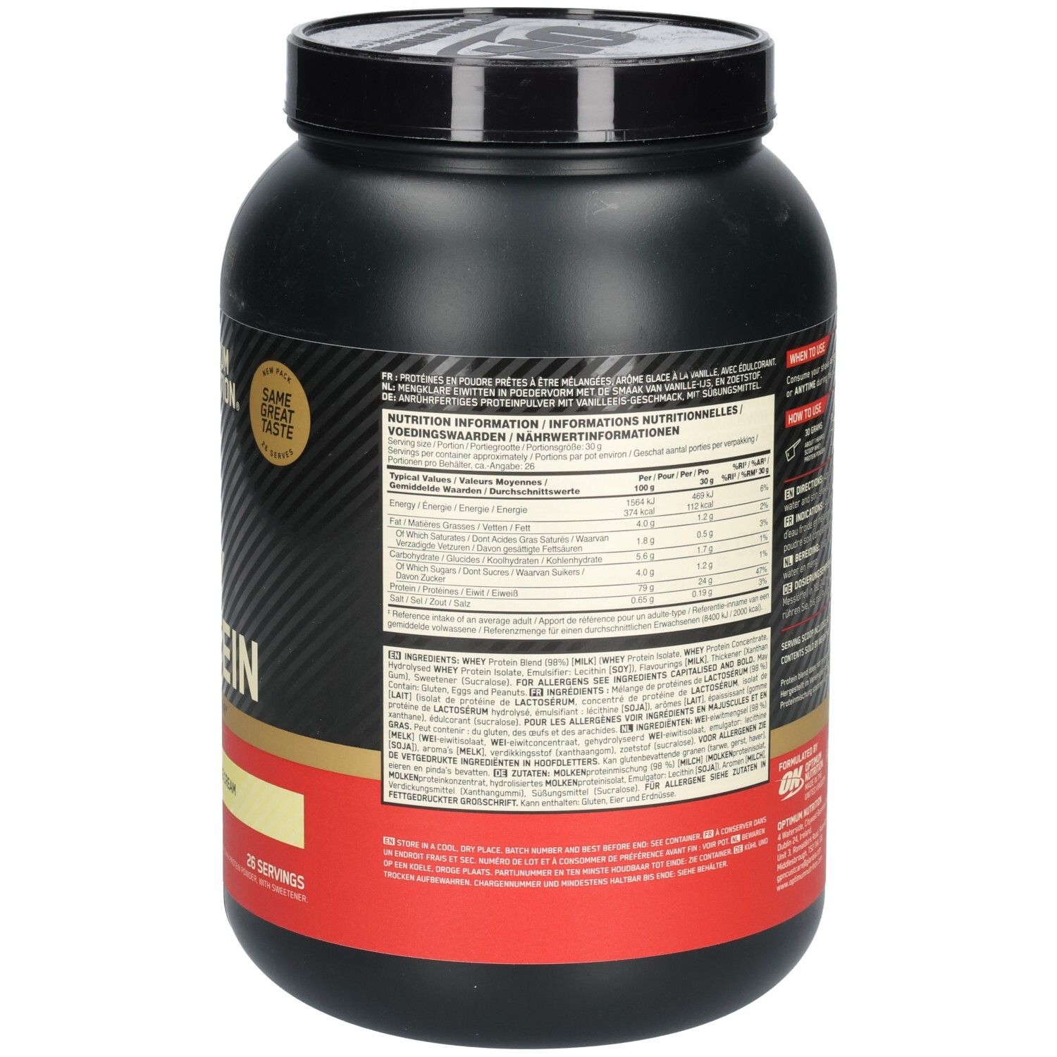 Dos du pot noir avec informations nutritionnelles de "Optimum Nutrition Gold Standard Whey Protein". Contient des informations sur les ingrédients.