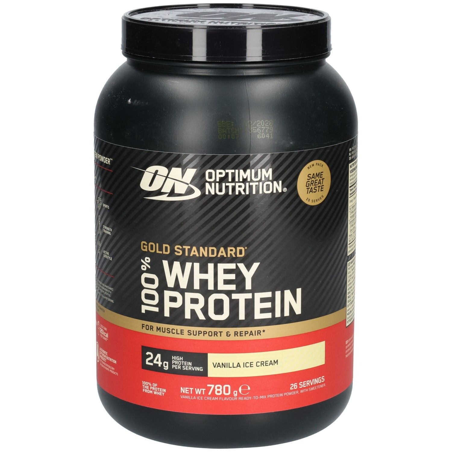 Pot noir avec "Optimum Nutrition" et "Gold Standard 100% Whey Protein". Goût: Vanilla Ice Cream. 780g.