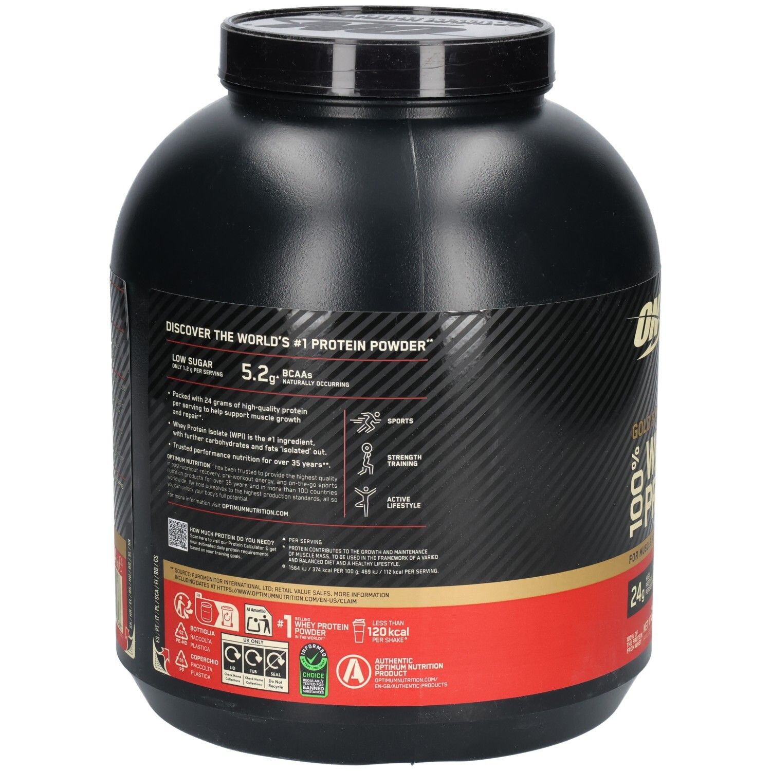 Rückseite der schwarzen Dose. Text mit Nährwertangaben und Informationen. Gold Standard 100% Whey Protein.