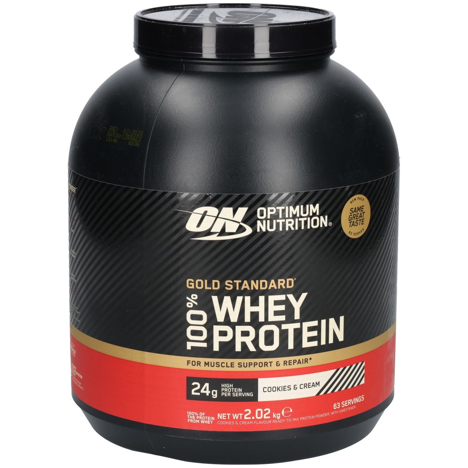 Schwarze Dose mit Gold Standard 100% Whey Protein. Roter Streifen mit Text. Marke: Optimum Nutrition.